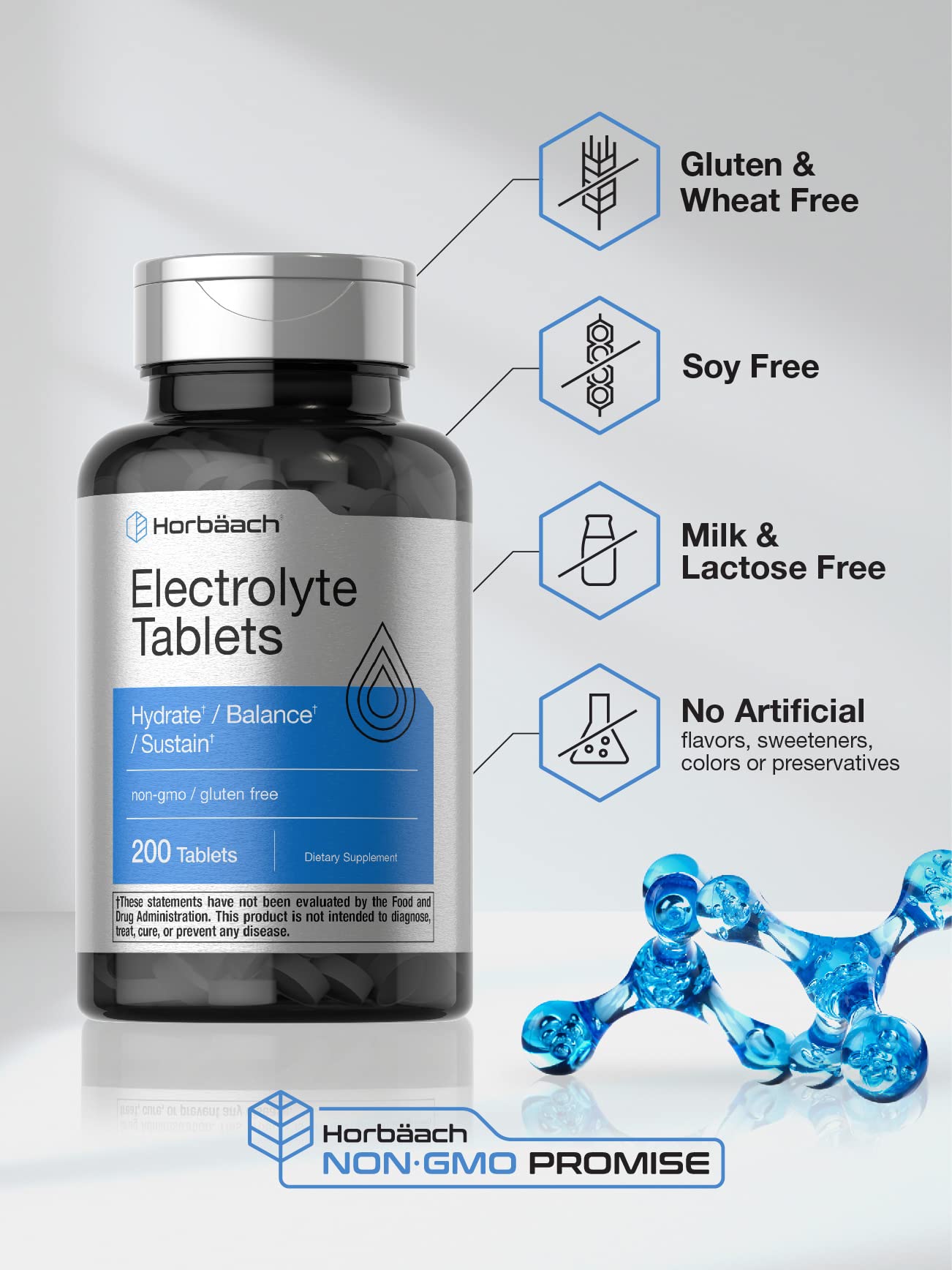 Horbäach Electrolyte Tablets | 200 Count | Helps Hydrate, Balance, & Sustain | with Calcium, Magnesium, Chloride, Sodium and Potassium | Vegetarian, Non-GMO & Gluten Free