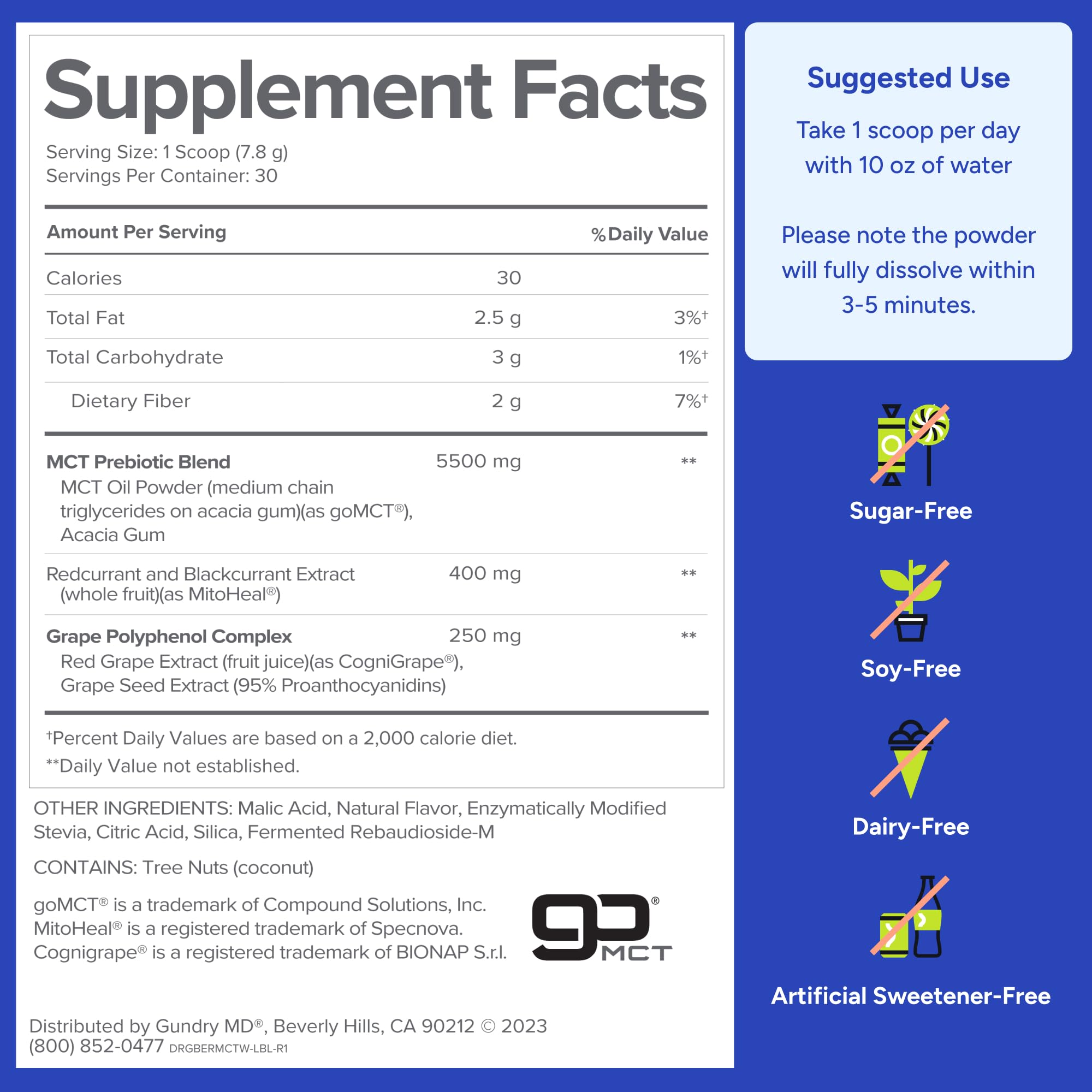 Gundry MD MCT Wellness Powder to Support Energy, Ketone Production and Brain Health, Keto Friendly, Sugar Free