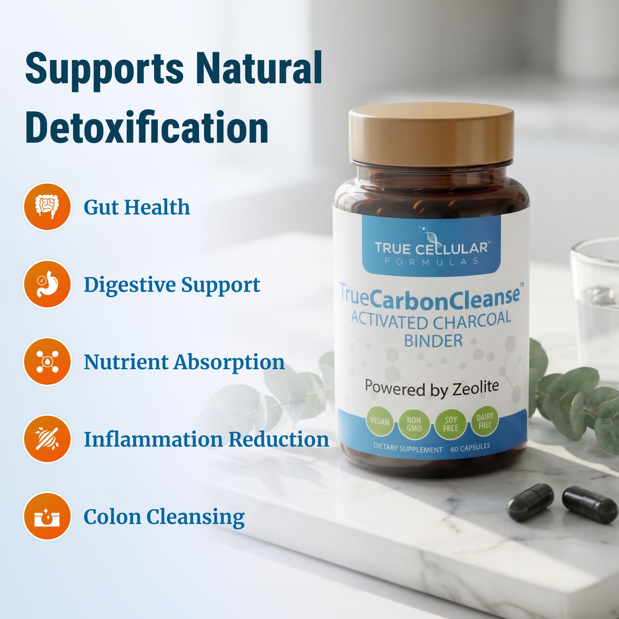 Gut Detox & Liver Cleanse - Organic Activated Charcoal Capsules with Clinoptilolite Zeolite Binder - TrueCarbonCleanse™ Carbon Supplement - 60 Bamboo Charcoal Pills