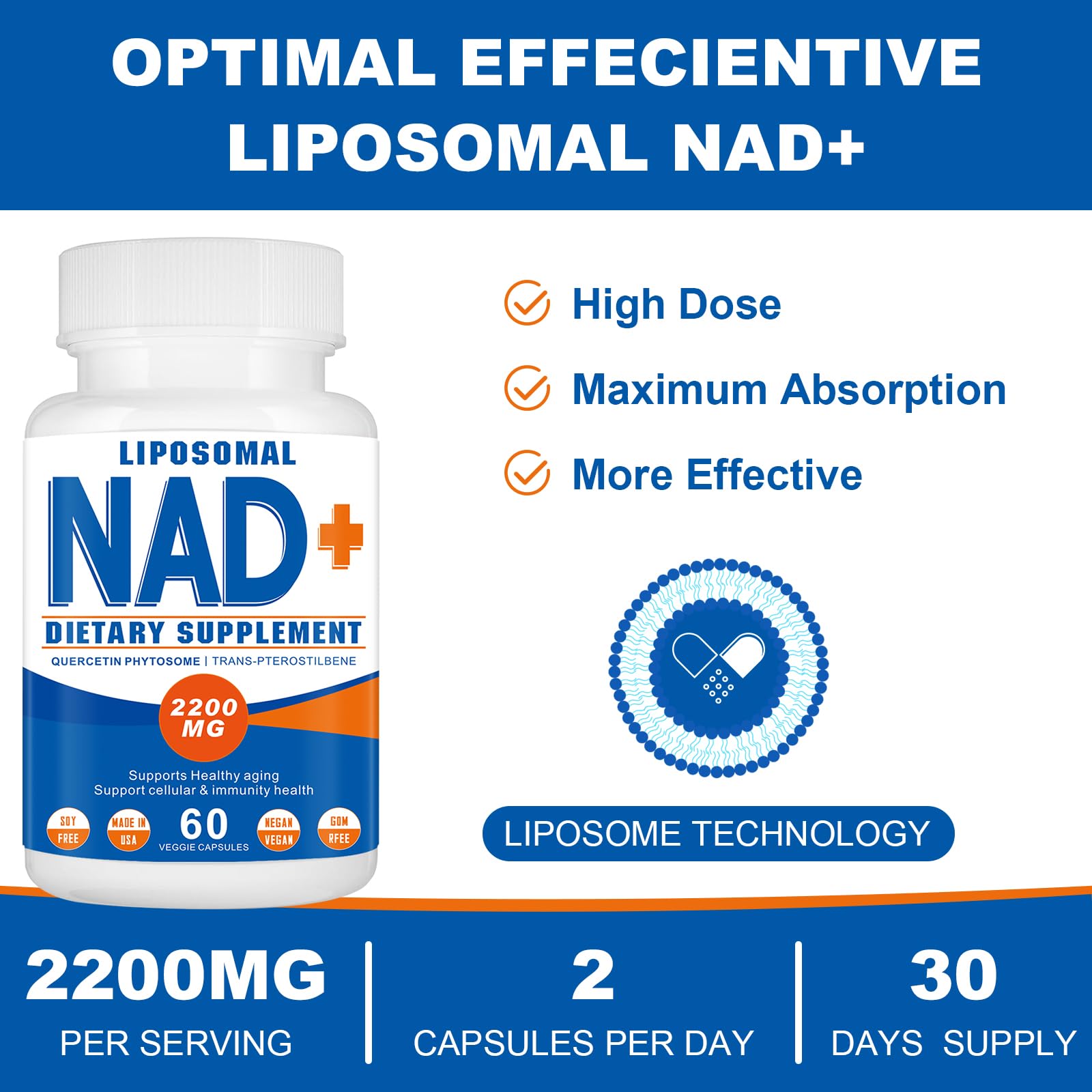 Spliferkou 2200mg Liposomal NAD+ Supplement - Enhances Cell Energy & Aging Defese, 60 Capsules Spliferkou Au supplements
