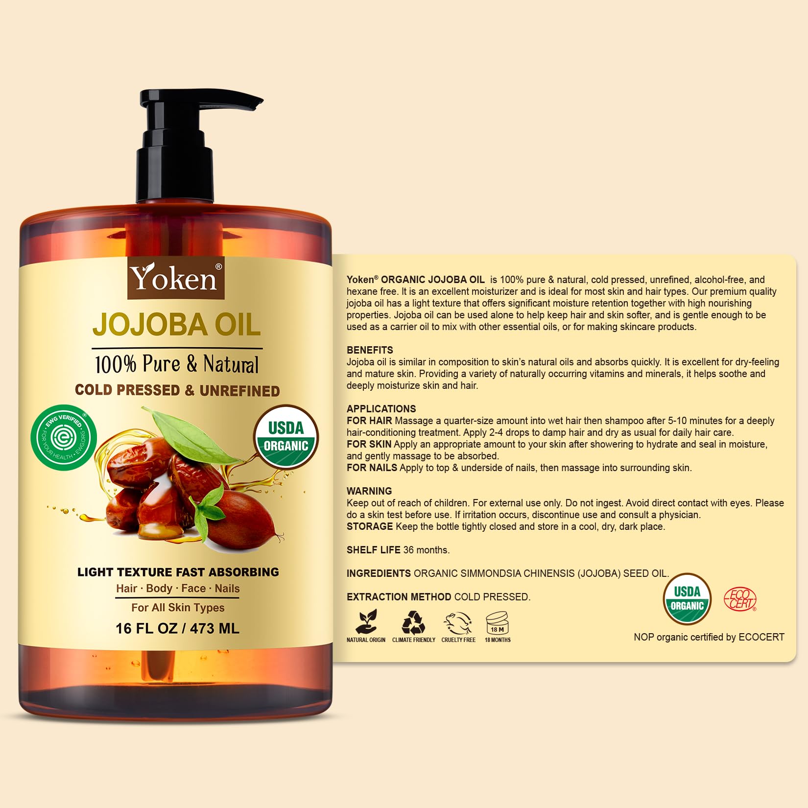 Yoken Pure Jojoba Oil Organic USDA Certified 16 fl oz, 100% Natural Jojoba Oil for Hair