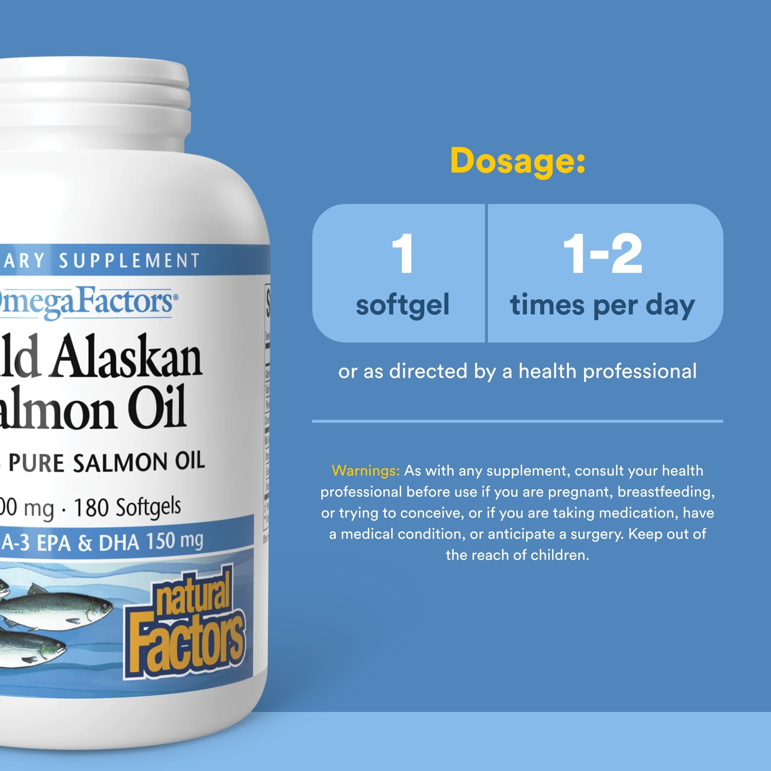 Natural Factors Wild Alaskan Salmon Oil Provides Omega-3, EPA, DHA & Vitamin D, Supports Brain & Heart Health, 180 Softgels