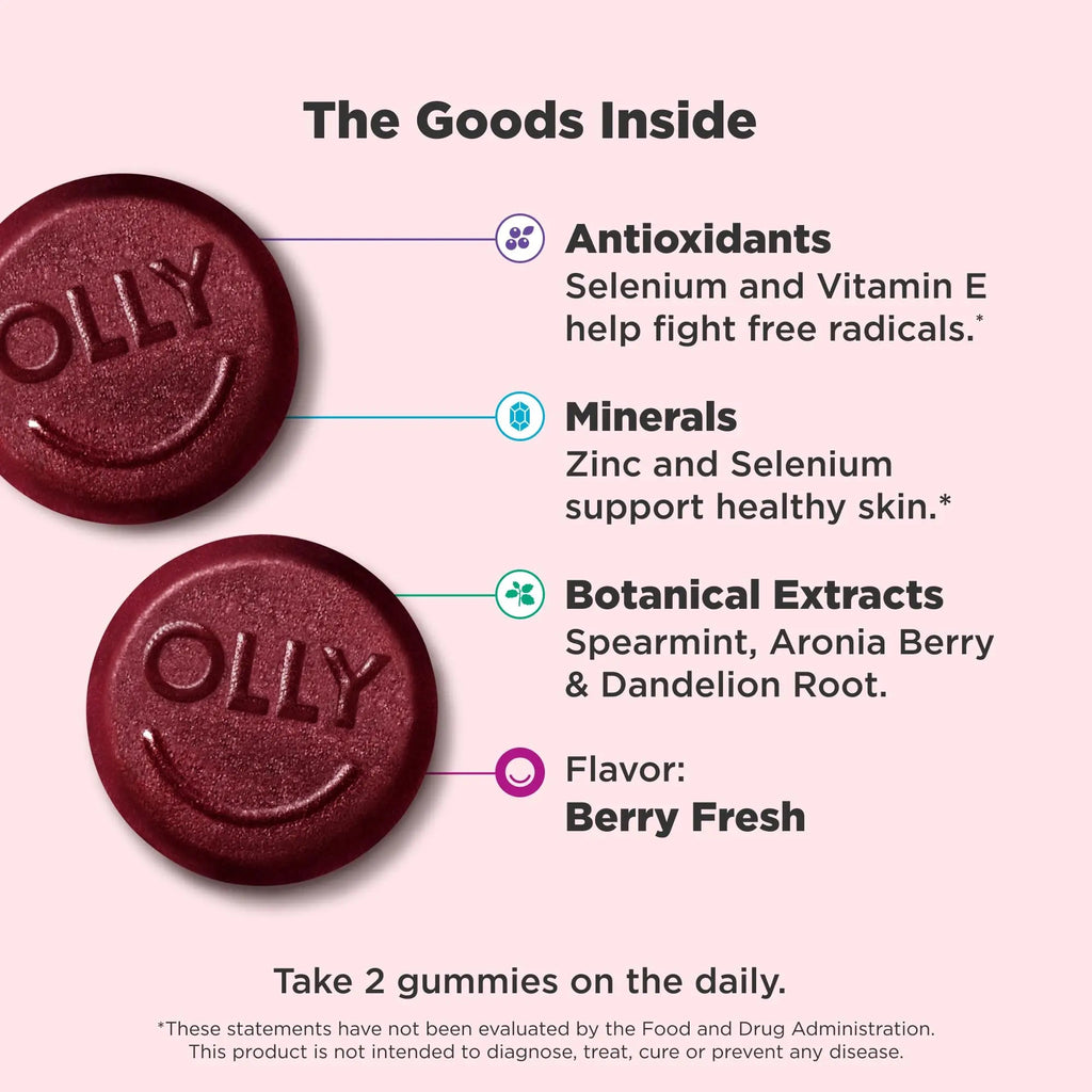 OLLY Flawless Complexion Gummy, Clear and Healthy Skin Support, Vitamins E, A, Zinc, Chewable Supplement, Berry - 50 Count (Pack of 1) OLLY Au supplements