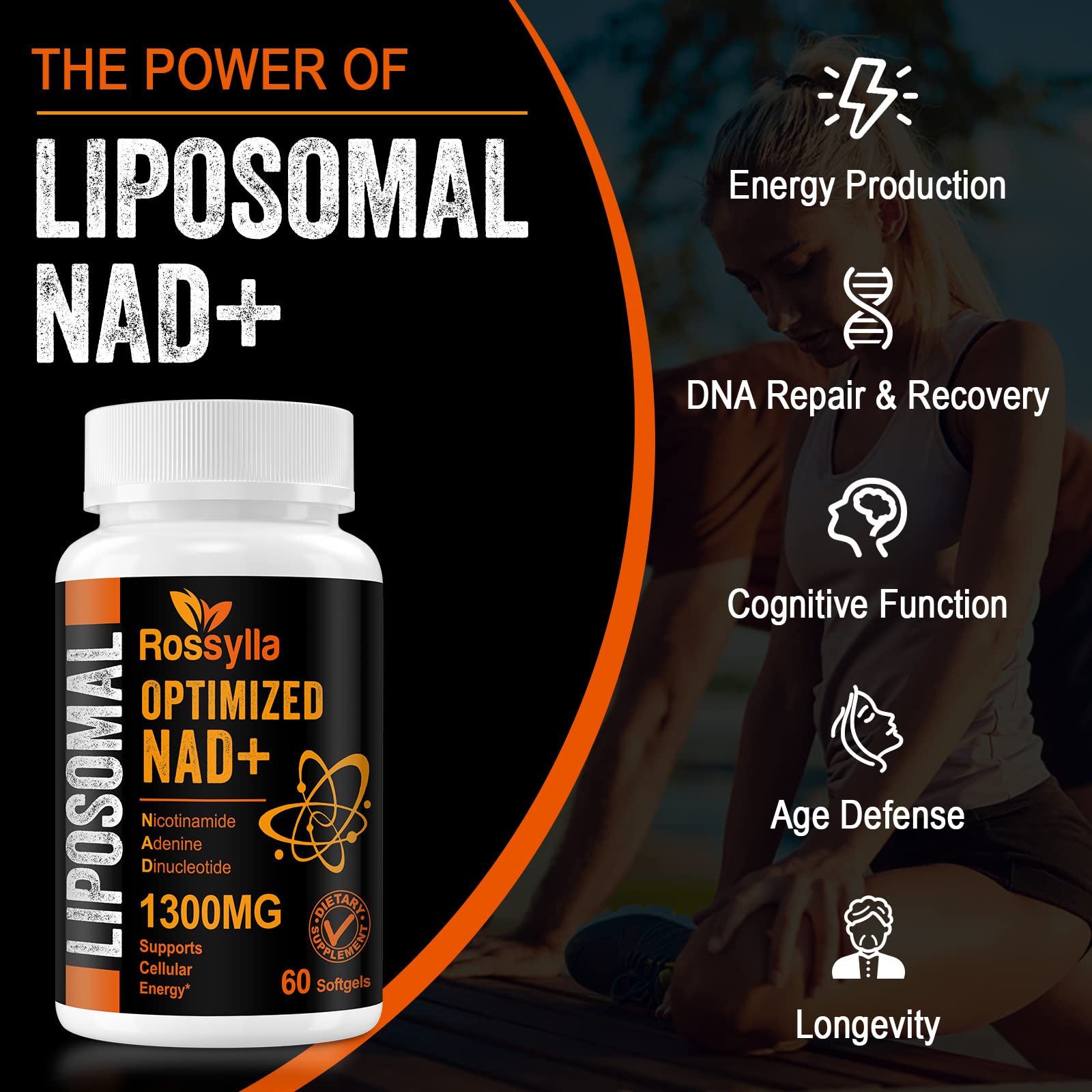 Rossylla 1300 MG Liposomal NAD+ Supplement | Highest Absorption | Purest NAD Supplemet to Boost NAD+ Effetively | Boosting NAD+ Supplement for Aging Defese, Cellular Energy, Longevity | 60 Count Rossylla Au supplements