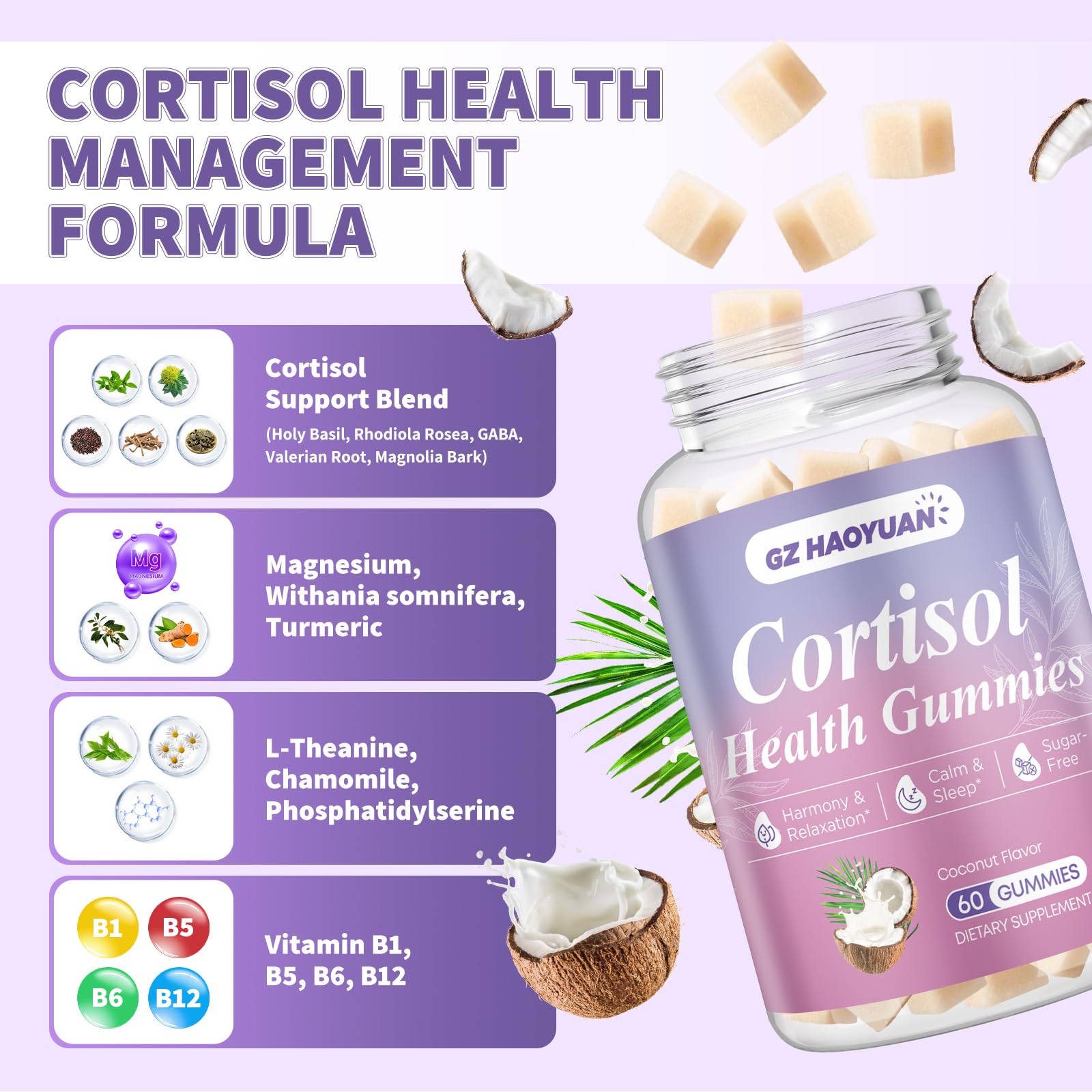 Cortisol Gummies for Women - Cortisol Supplements with Magnesium Glycinate, Ashwagandha, L-Theanine, Vitamin B Complex for Relaxation, Sleep, Calm Mood & Focus - Vegan, Sugar Free Coconut Flavor GZ HAOYUAN Au supplements