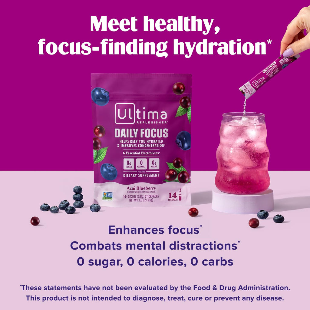Ultima Replenisher Daily Focus Supplement & Electrolytes Powder - Acai Blueberry, 14 Stickpacks - Hydration Packets, 60mg Caffeine from Green Tea Extract & L-Theanine