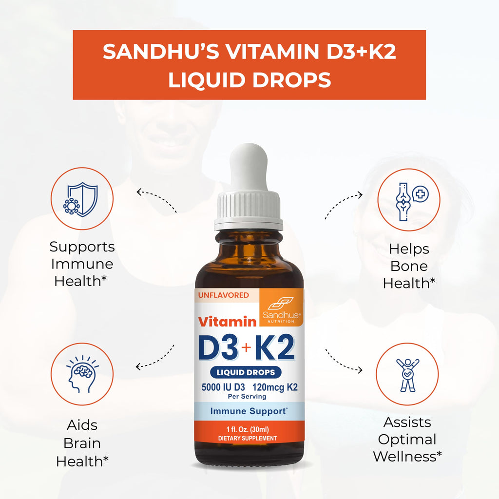 Sandhu's Vitamin D3 K2 Drops for Adults | 5000 IU D3 Liquid, 120mcg K2 Supplement 1 Fl Oz (Pack of 2) | D3K2 Supports Superior Absorption