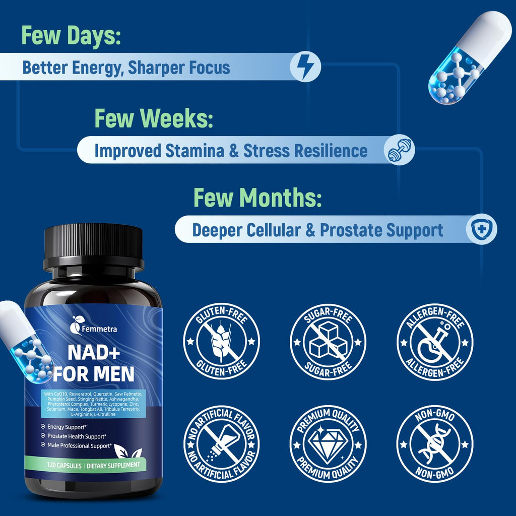 Femmetra NAD+ Supplements for Men with Saw Palmetto | All-in-One Cellular Energy, Prostate Support & Nitric Oxide Supplement with Resveratrol, L-Arginine | Non-GMO, 120 Capsules Femmetra Au supplements