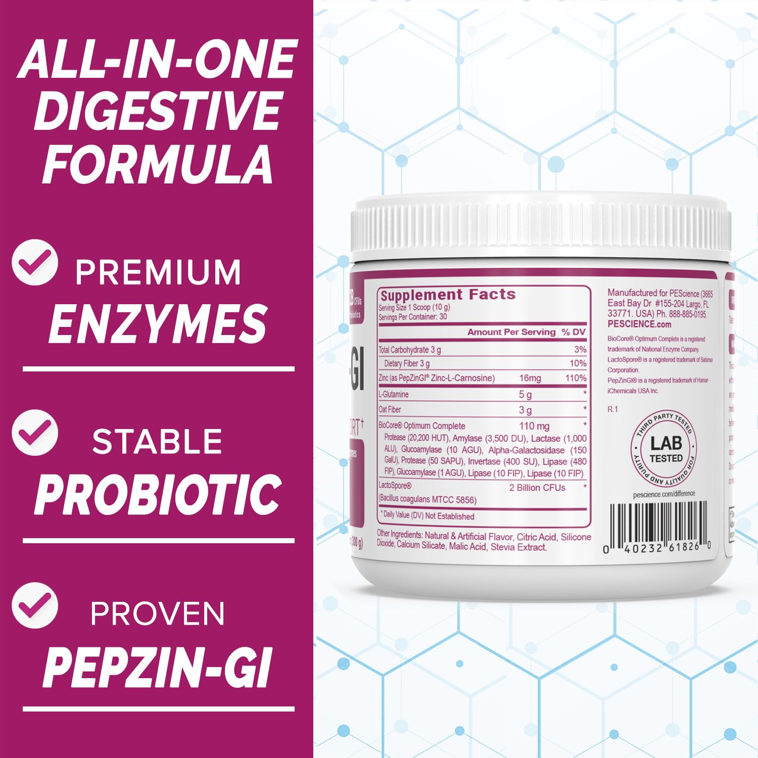 PEScience Complete-GI Gut Health Powder, Probiotics for Women and Men, Digestive Enzymes, Prebiotic Fiber, L-Glutamine