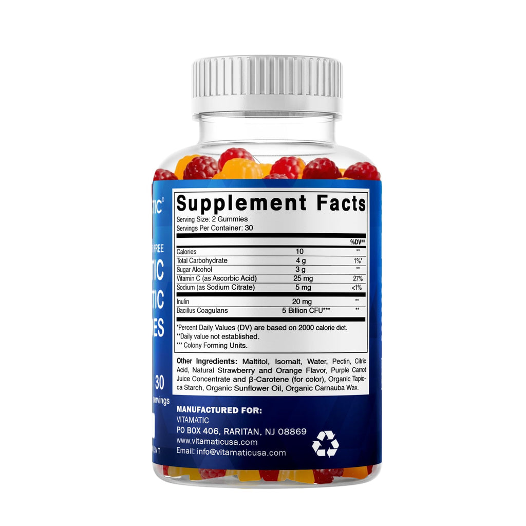 Vitamatic Probiotic Sugar Free Gummies for Men and Women – 5 Billion CFUs Digestive, Immune & Gut Health Support – Gluten Free