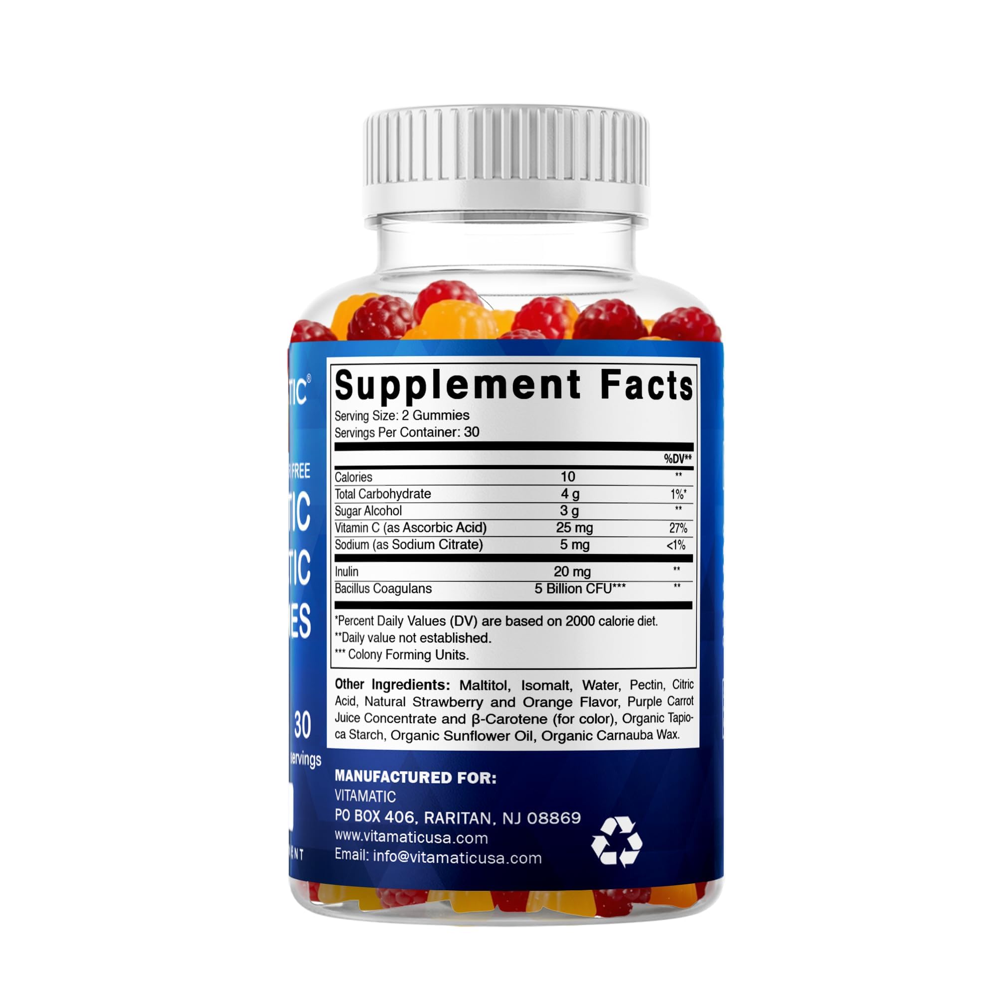 Vitamatic Probiotic Sugar Free Gummies for Men and Women – 5 Billion CFUs Digestive, Immune & Gut Health Support – Gluten Free