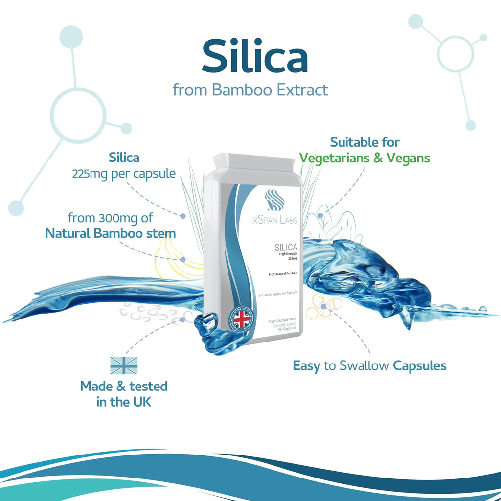 Silica 225mg – 90 Capsules - A Potent Highly Bioavailable Form - Naturally Sourced from Bamboo Extract - One-A-Day Vegan Capsules to Support Healthy Hair, Nails and Skin - Made in The UK Xspan Labs Au supplements
