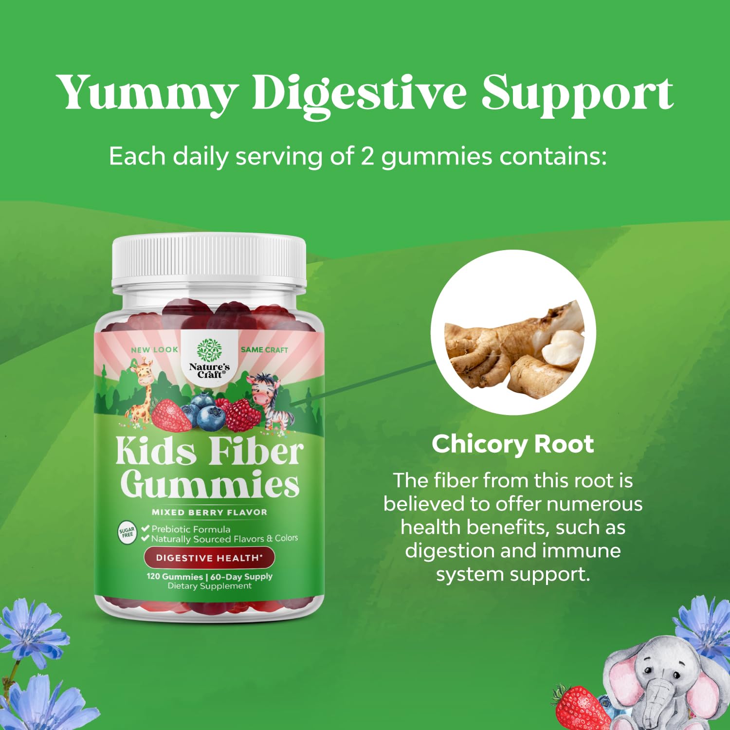 Natures Craft High Prebiotic Fiber Gummies for Kids - Dietary Fiber Supplements for Digestion & Constipation - Chicory Root Kids Immune Gummies - Non-GMO