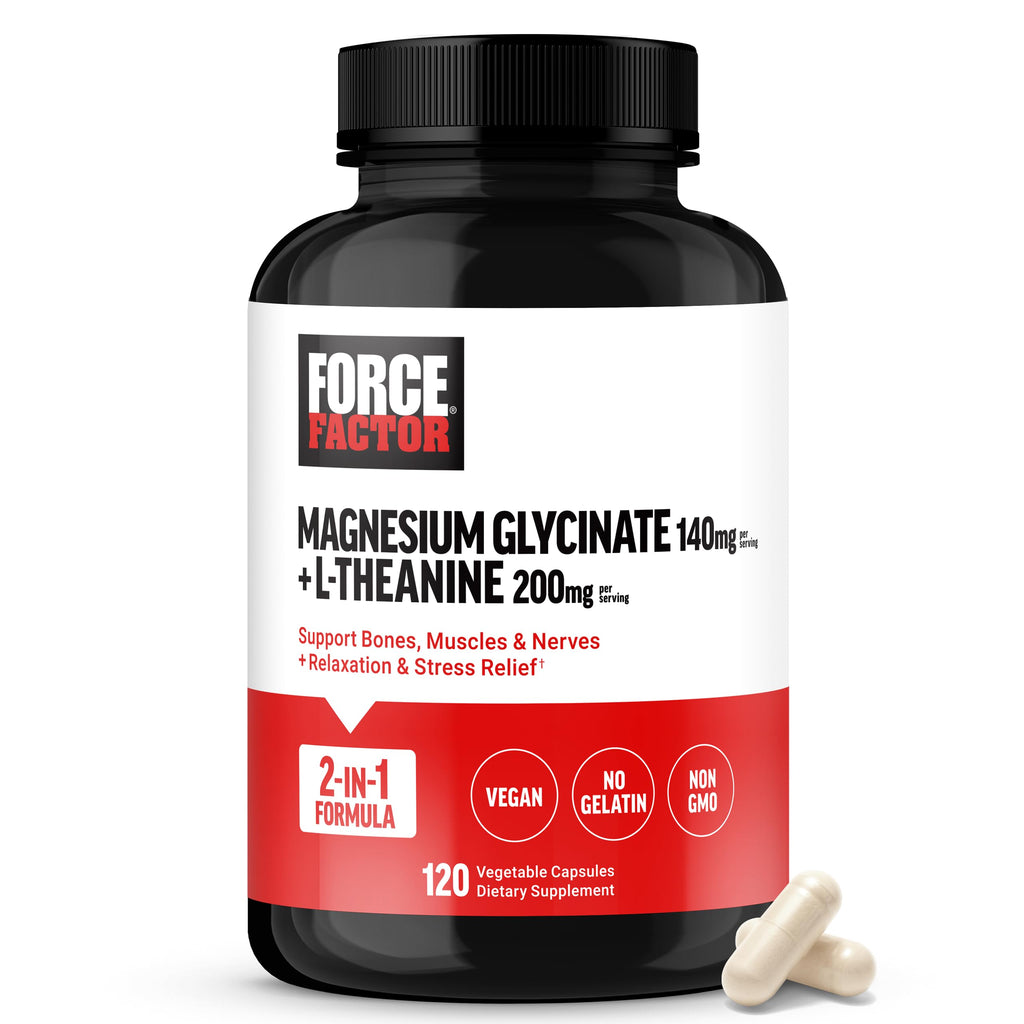 Force Factor Magnesium + L-Theanine, Magnesium Bisglycinate Supplement to Support Bones, Muscles, Nerves, Relaxation, and Mood, Vegan