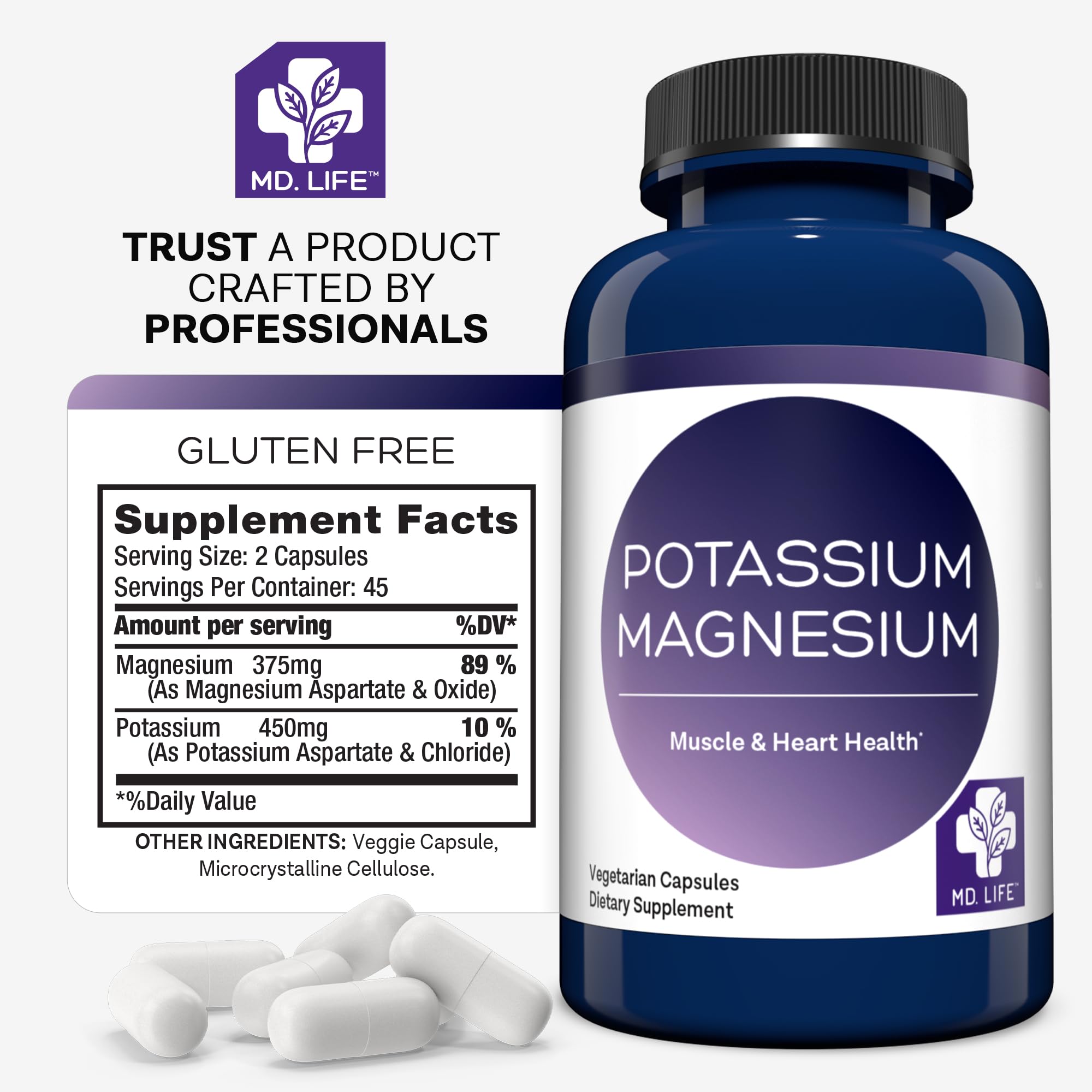 MD. Life Potassium Magnesium Supplement - 90 Capsules - Magnesium Potassium Supplement - High Absorption Complex