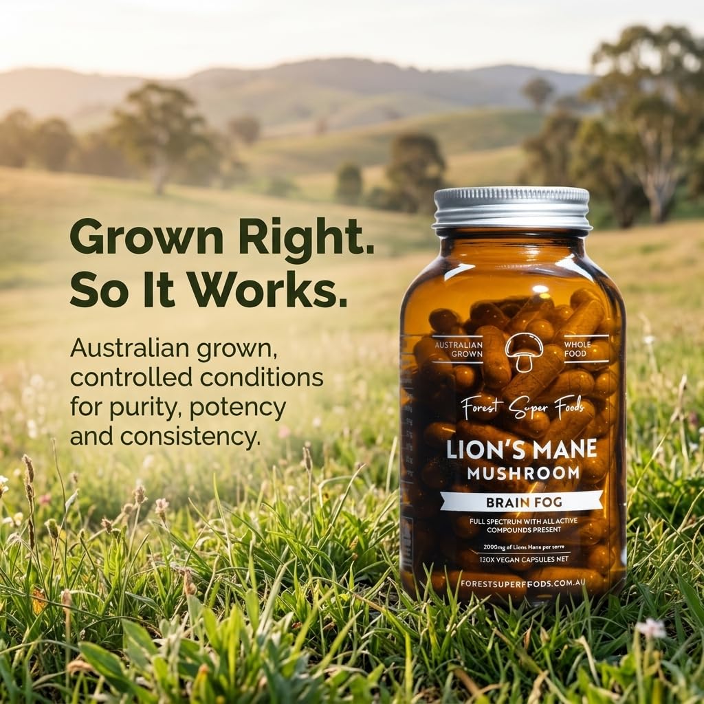 Forest Super Foods Lions Mane Supplement Capsules (120 Capsules) Organic Lions Mane Mushroom | Memory Lift Brain Supplement for Focus and Productivity. Lion Mane, Grown & Made in Australia