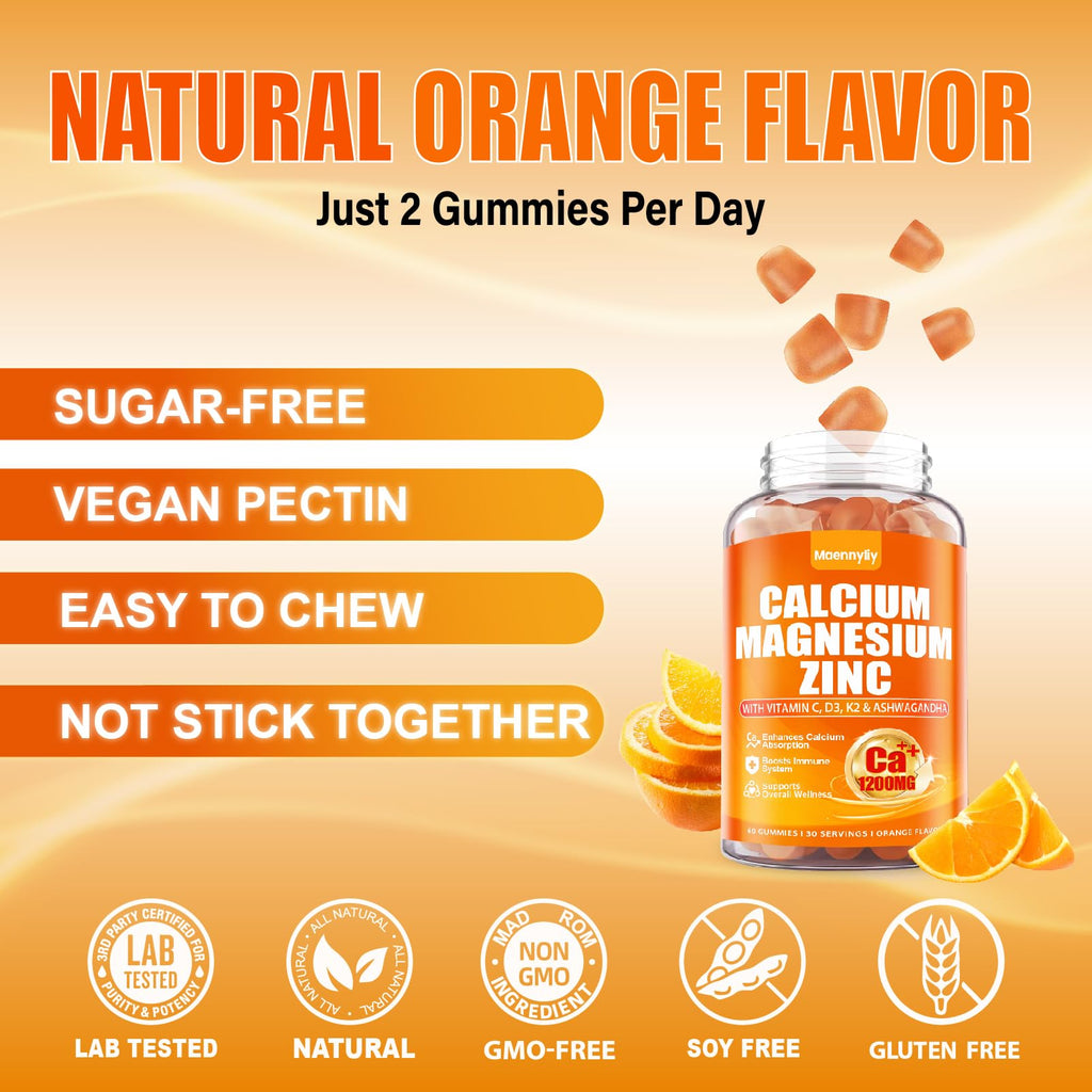Calcium 1200 mg with Vitamin D3 Gummies for Adults - Calcium Citrate with Vitamin D3 K2, Magnesium, Zinc, Boron, Copper and Ashwagandha