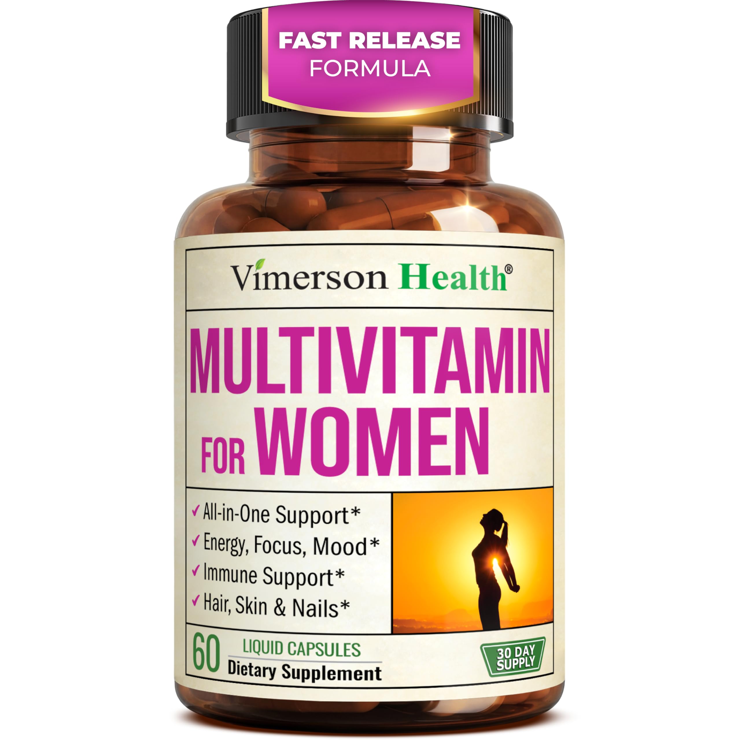 Multivitamin for Women with Bioavailable Vitamins, Minerals, Vitamin D, B12, C, A & Zinc for Energy, Focus and Immune Health – Premium Womens Multivitamins & Multiminerals – 60 Liquid Caps Vimerson Health Au supplements
