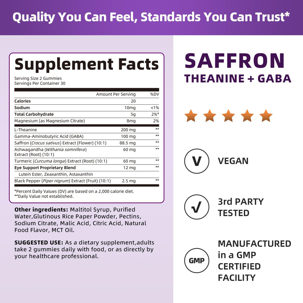10-in-1 Saffron Supplements Gummies - Saffron Extract 88.5 mg with L-Theanine, GABA, Ashwagandha, Turmeric,Magnesium – Mood, Focus, Vision Support & Cortisol Balance, Sugar Free, Vegan, 60 Counts Lukaree Au supplements