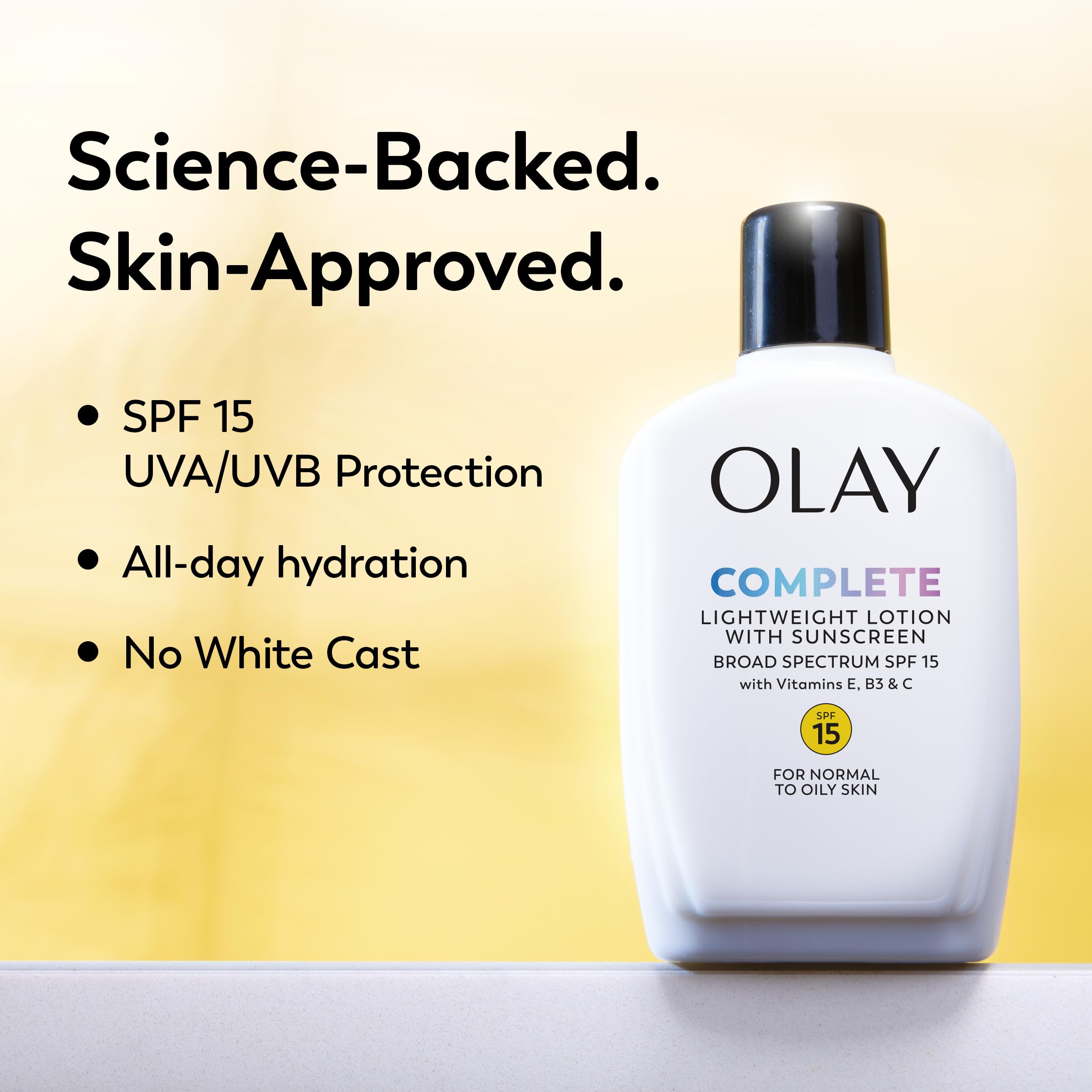 Olay Face Moisturizer, Complete with Sunscreen SPF 15, Daily Facial Lotion for Normal Skin, Lightweight Hydrating Broad Spectrum Sun Protection