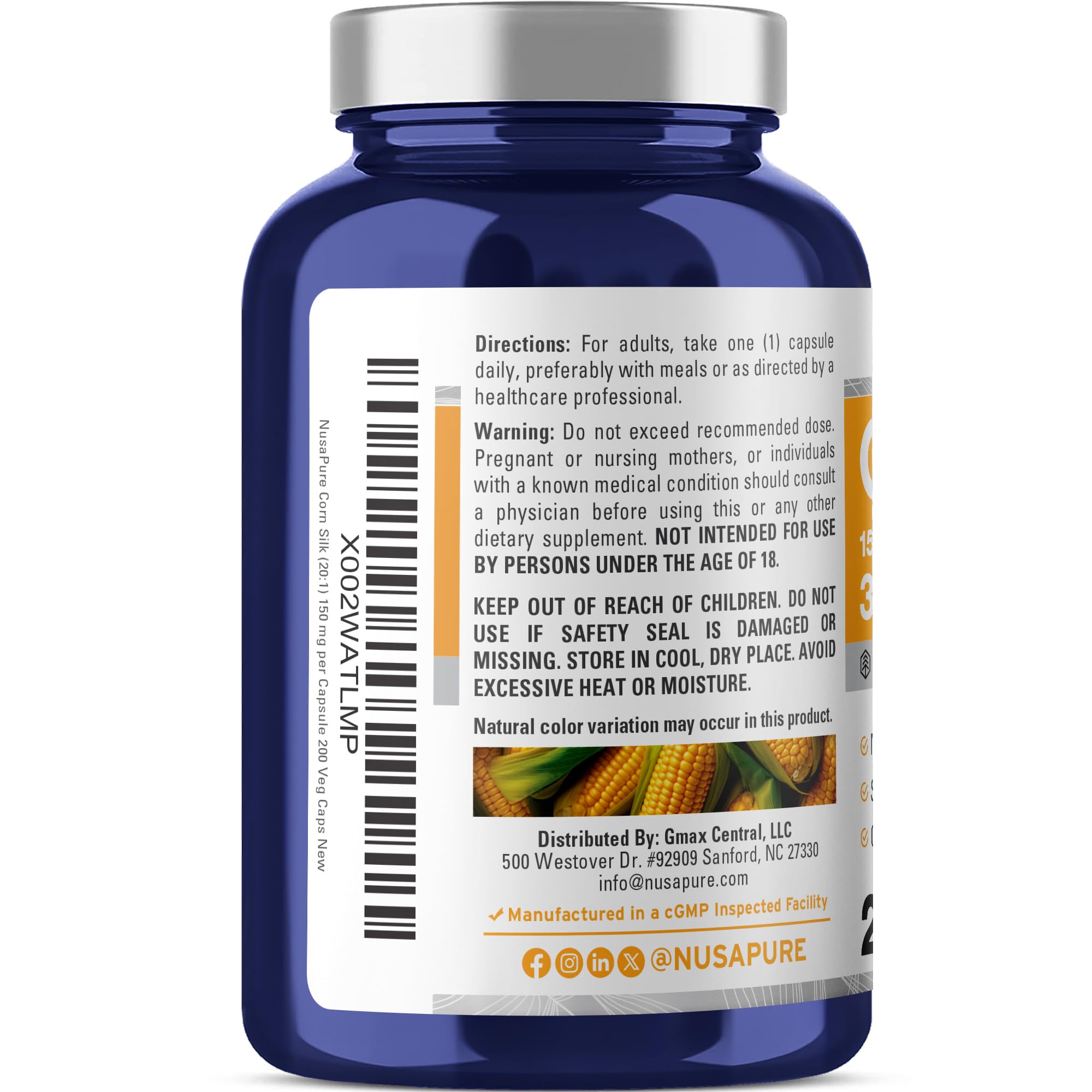 NusaPure Corn Silk Extract 3,000 mg per Caps - 200 Veggie Caps (100% Vegetarian, Non-GMO, Extract 20:1, Vegan) NusaPure Au supplements