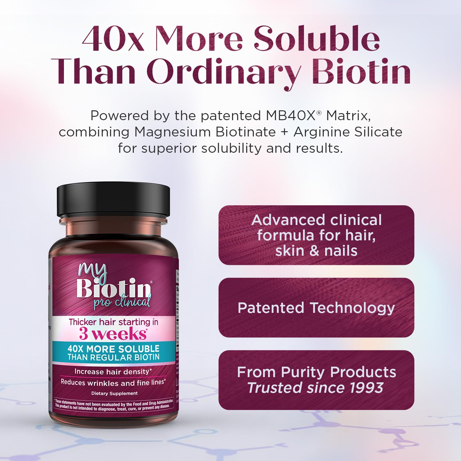 Purity Products MyBiotin ProClinical – Thicker Hair Starting in 3 Weeks & Fights Wrinkles - MB40X Patented Biotin Vitamin B7 Matrix w/Astaxanthin
