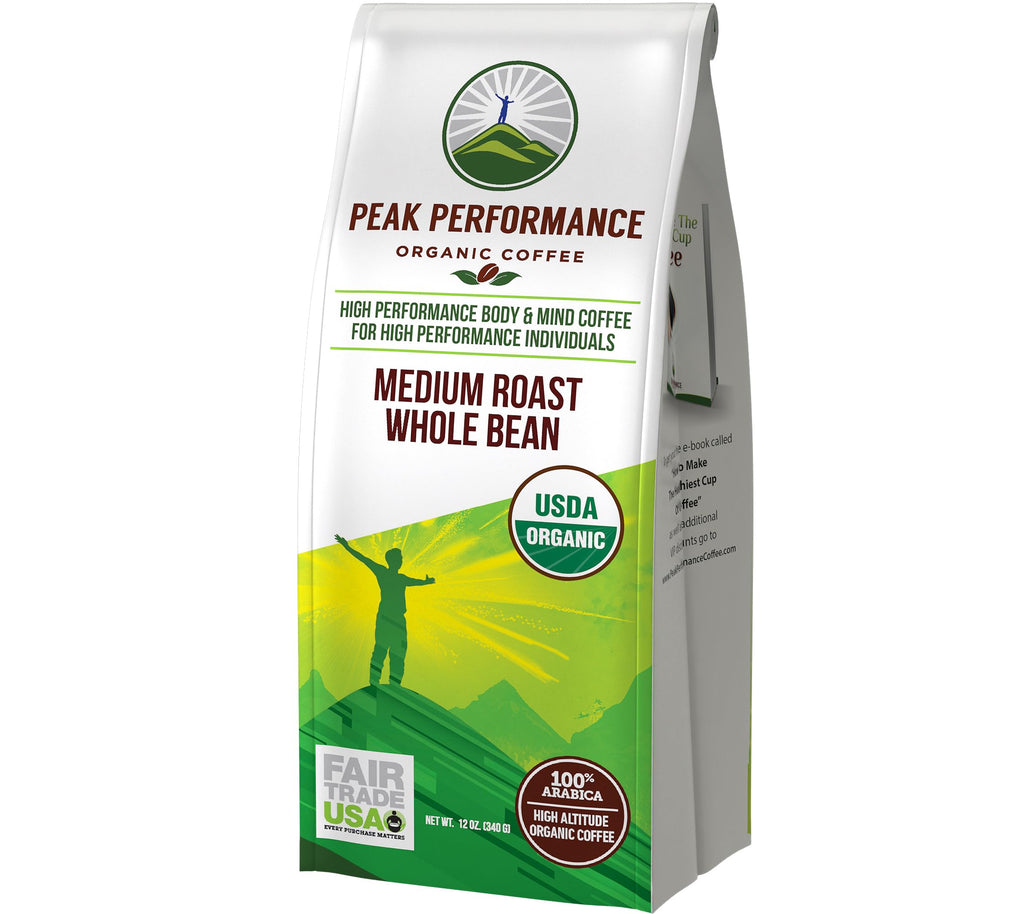 Peak Performance High Altitude Organic Coffee - Fair Trade, Low Acid, Non GMO, and Beans Full of Antioxidants - Medium Roast Smooth Tasting USDA Certified Organic Whole Bean Coffee Bag 12 oz Peak Performance Au supplements