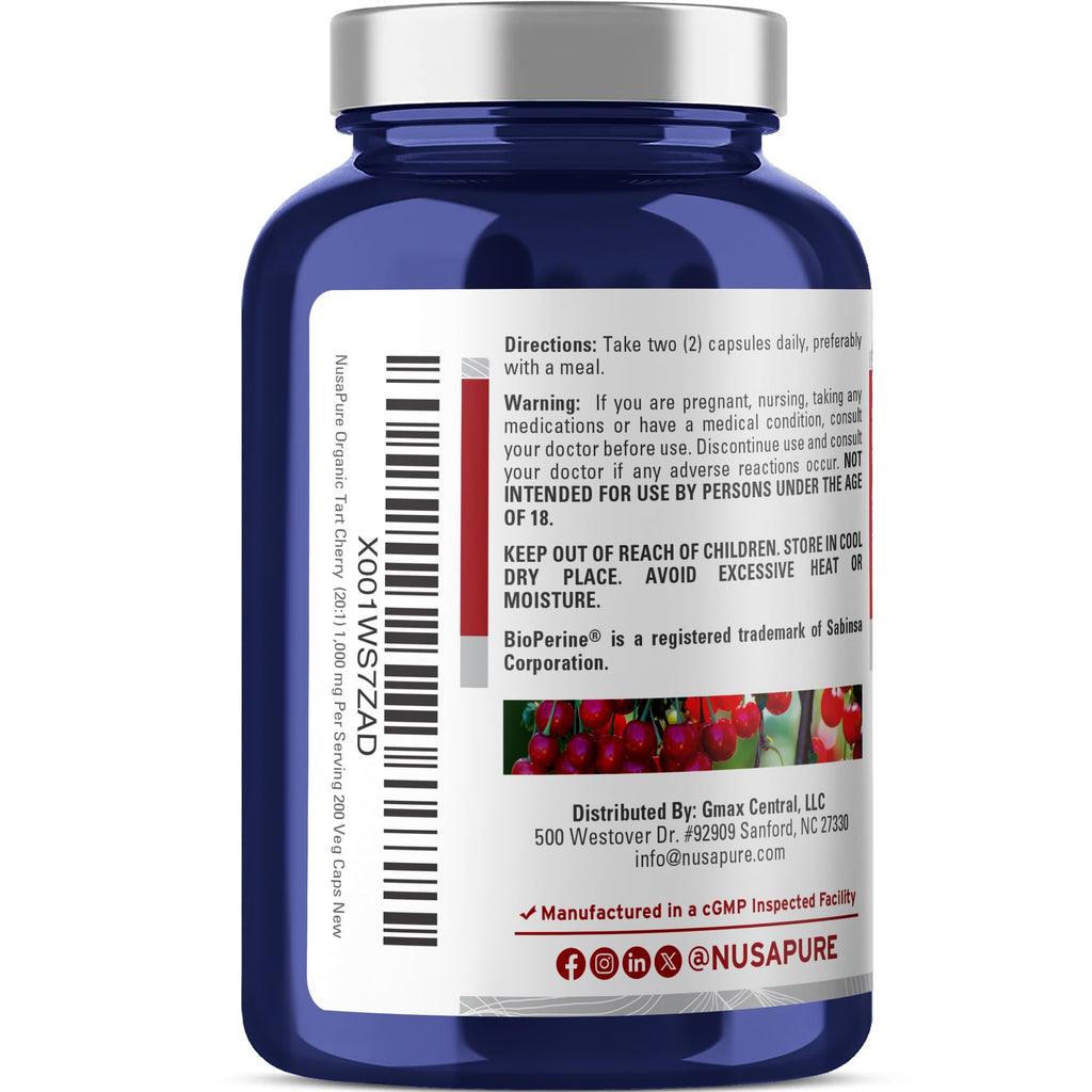 NusaPure Organic Tart Cherry 20:1 Extract, 1000 mg Equivalent to 20,000 mg 200 Veggie Caps (Vegan, Non-GMO) Bioperine NusaPure Au supplements