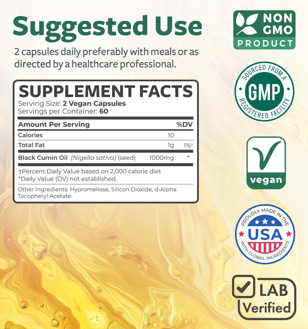 Black Seed Oil - 120 Softgel Capsules Skin Health (Non-GMO & Vegan) Cold-Pressed Nigella Sativa Producing Pure Black Cumin Seed Oil with Vitamin E