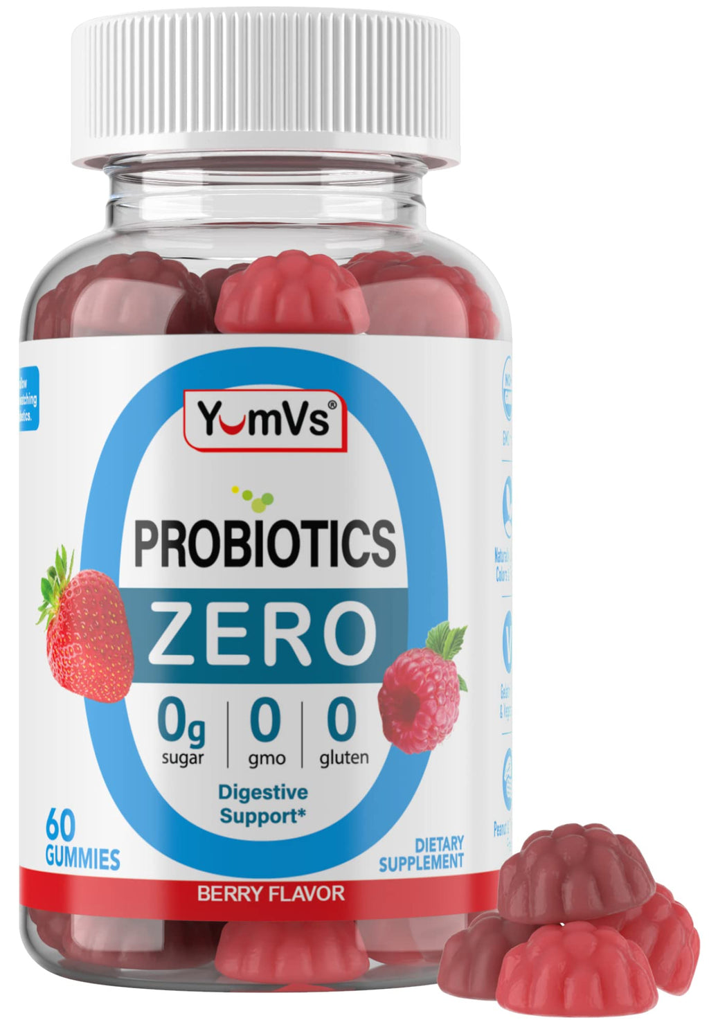 YUM-V'S Sugar Free Probiotic Gummies - Probiotics for Men & Women to Help Support Digestive Function – Adults & Kids Probiotic with 5 Billion CFU Bacillus Coagulans – Vegan & Gluten-Free (60 Count)