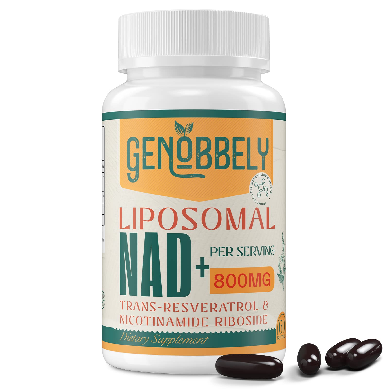 GENOBBELY 800 mg Liposomal NAD+ Supplement with Nicotinamide Riboside 200 mg, Trans-Resveratrol 100 mg - True NAD Supplement for DNA Repair, Healthy Aging, Brain Function - 60-Day Supply GENOBBELY Au supplements