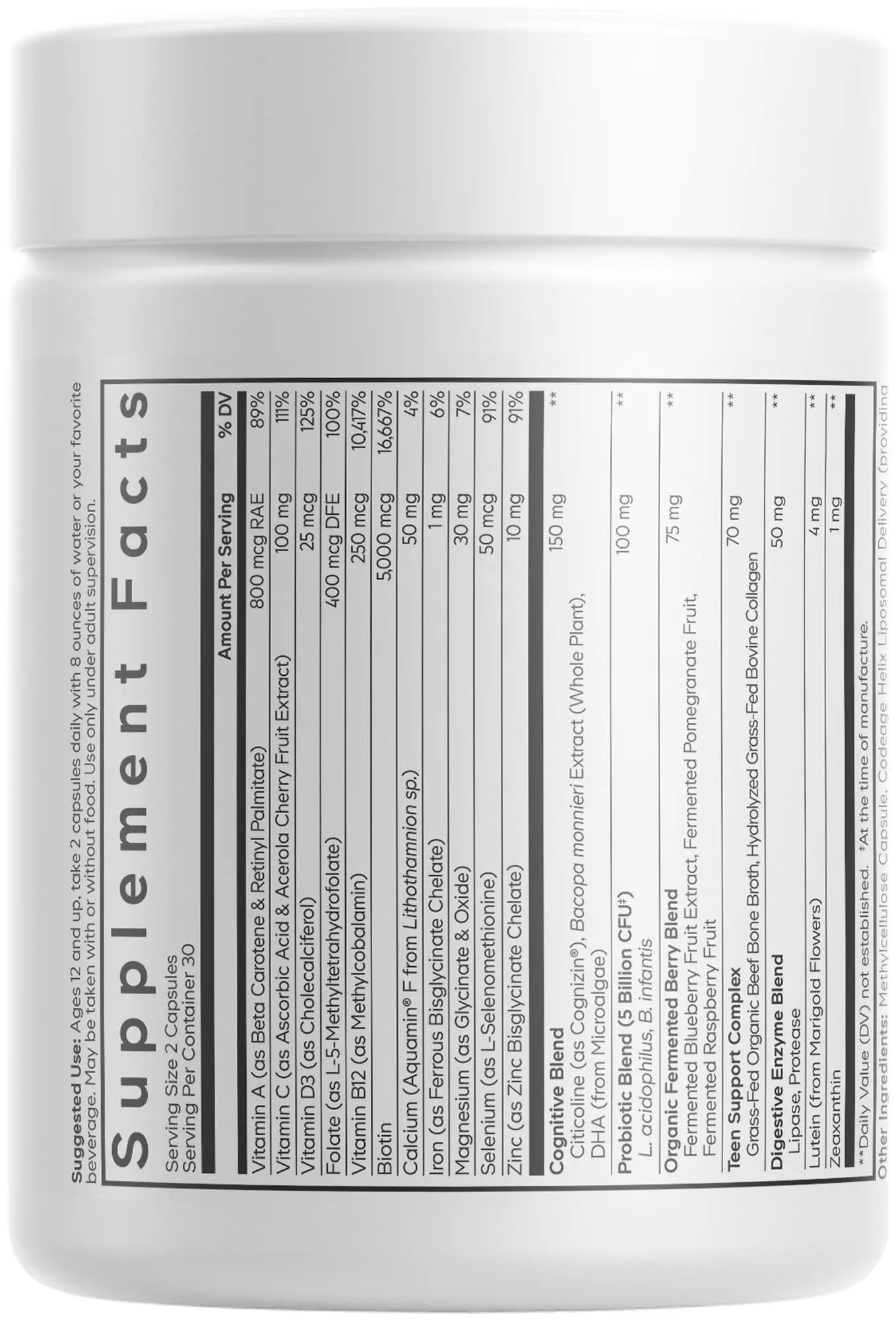 Codeage Teen Multivitamin+ Platinum Supplement - Vitamins A, C, D3, E, K2, B6, B12, Minerals, Probiotics, Citicoline Codeage Au supplements