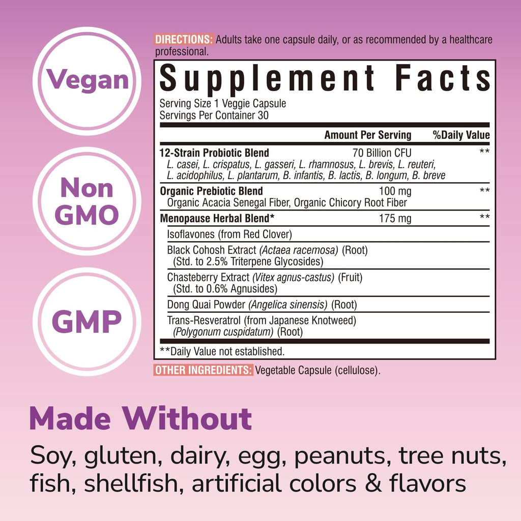 Vitalibre Menopause Probiotics for Women 70 Billion CFU, 12 Targeted Strains, Organic Prebiotics, Black Cohosh Resveratrol Red Clover Chasteberry Dong Quai, Hot Flash Night Sweat+, No Estrogen, 30 Ct Vitalibre Au supplements