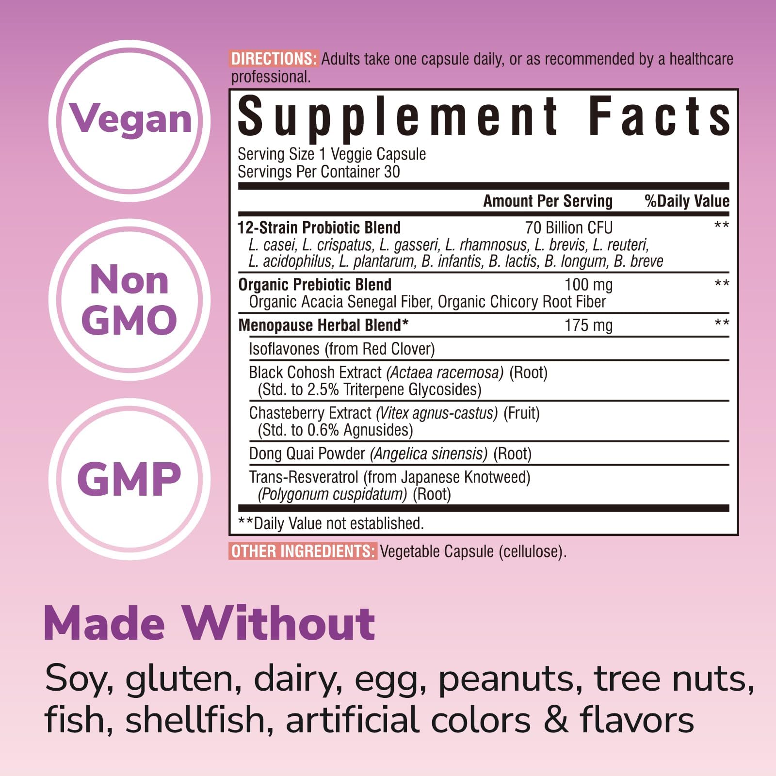 Vitalibre Menopause Probiotics for Women 70 Billion CFU, 12 Targeted Strains, Organic Prebiotics, Black Cohosh Resveratrol Red Clover Chasteberry Dong Quai, Hot Flash Night Sweat+, No Estrogen, 30 Ct Vitalibre Au supplements