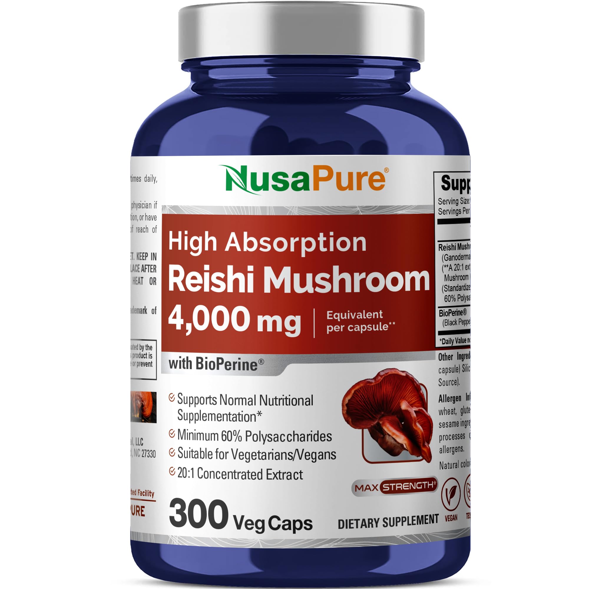 NusaPure Reishi Mushroom Extract 20:1 Extract, 200 mg Equivalent to 4000mg per Capsule 300 Veggie Caps Vegan, Non-GMO, Vegan NusaPure Au supplements