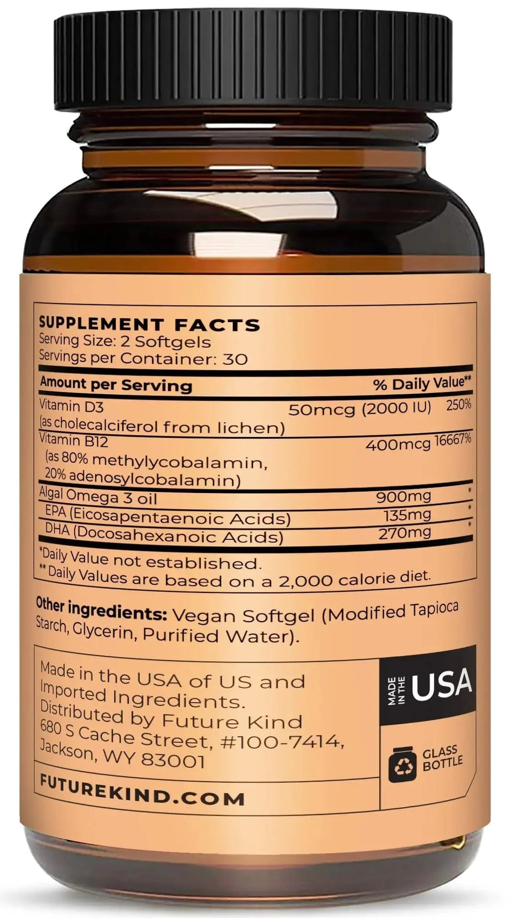 Future Kind Vegan Multivitamins - Glass Bottle & Made for Vegans with Omega 3 DHA, EPA, Vitamin B12 & D3 for Energy, Focus, & Mood (60 Softgels) Future Kind Au supplements