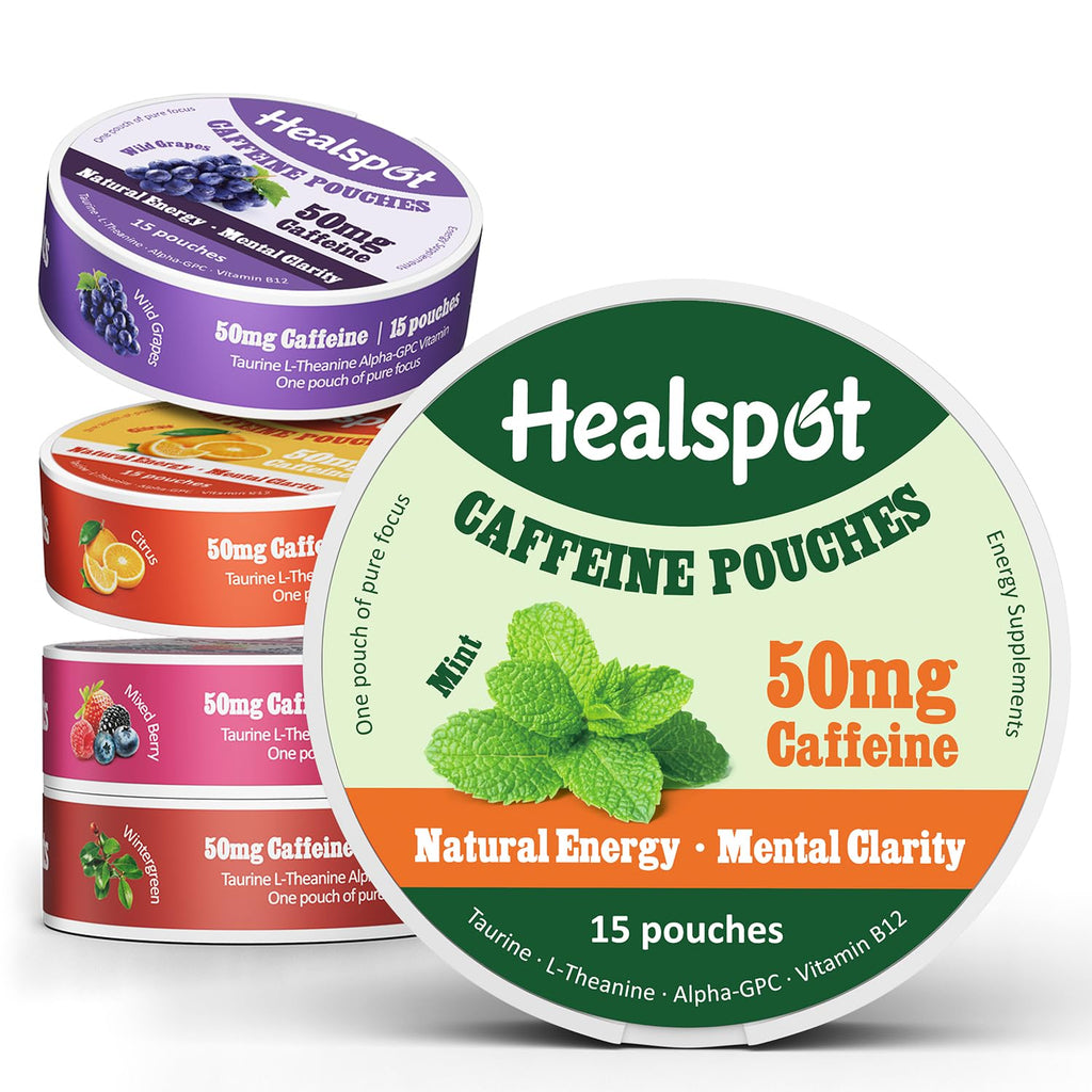 Healspot Nootropic Caffeine Pouches, Energy Pouches with 50mg Caffeine | Taurine | Vitamin B12 | Alpha-GPC | L-Theanine, Focus and Energy Supplements Variety Packs 5 Flavors Healspot Au supplements