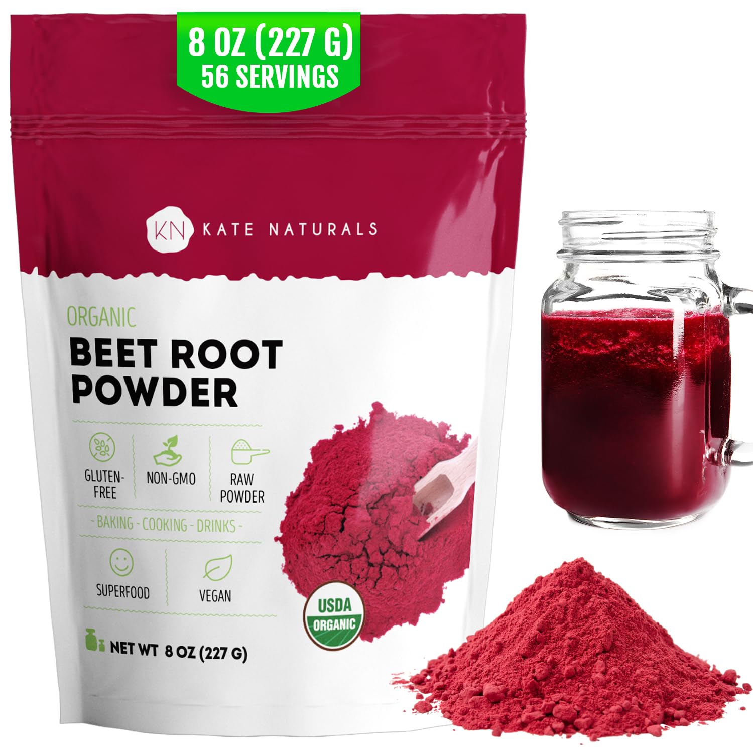 Kate Naturals Organic Beet Root Powder for Smoothies, Baking & Juice. Raw Beetroot Superfood & Natural Red Food Coloring