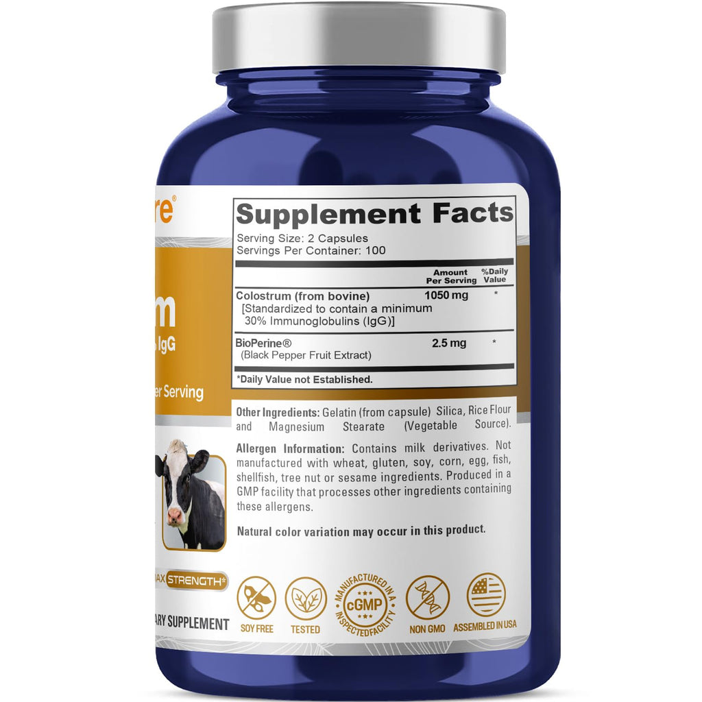 NusaPure Colostrum 1050mg 30% IgG 200 capsules (Non-GMO, Soyfree) Bioperine NusaPure Au supplements