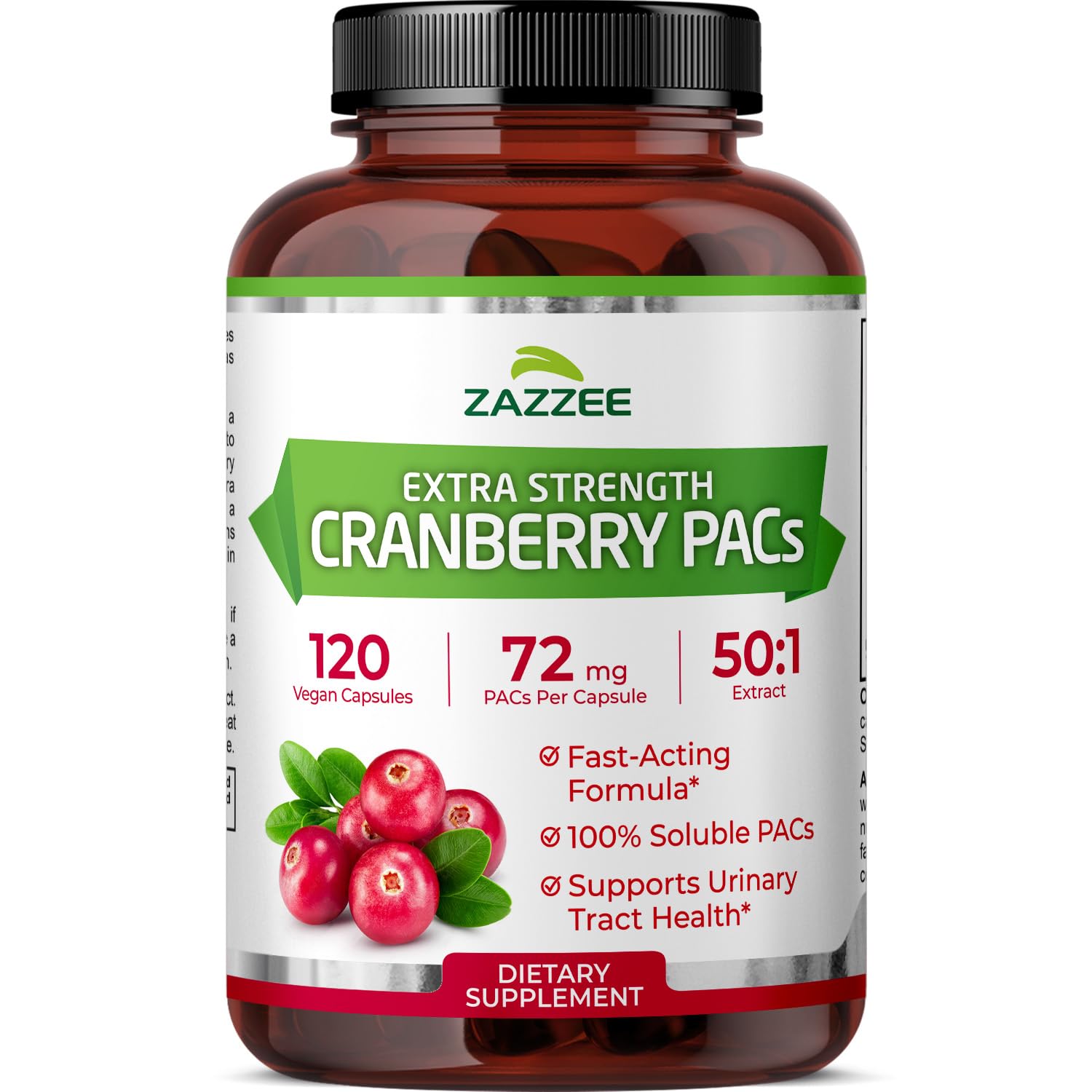 Zazzee Cranberry PACs 72 mg per Capsule, 50:1 Extract, 120 Vegan Capsules, 2X Strength, 4 Month Supply, Fast-Acting, Effective Urinary Tract & Bladder Support