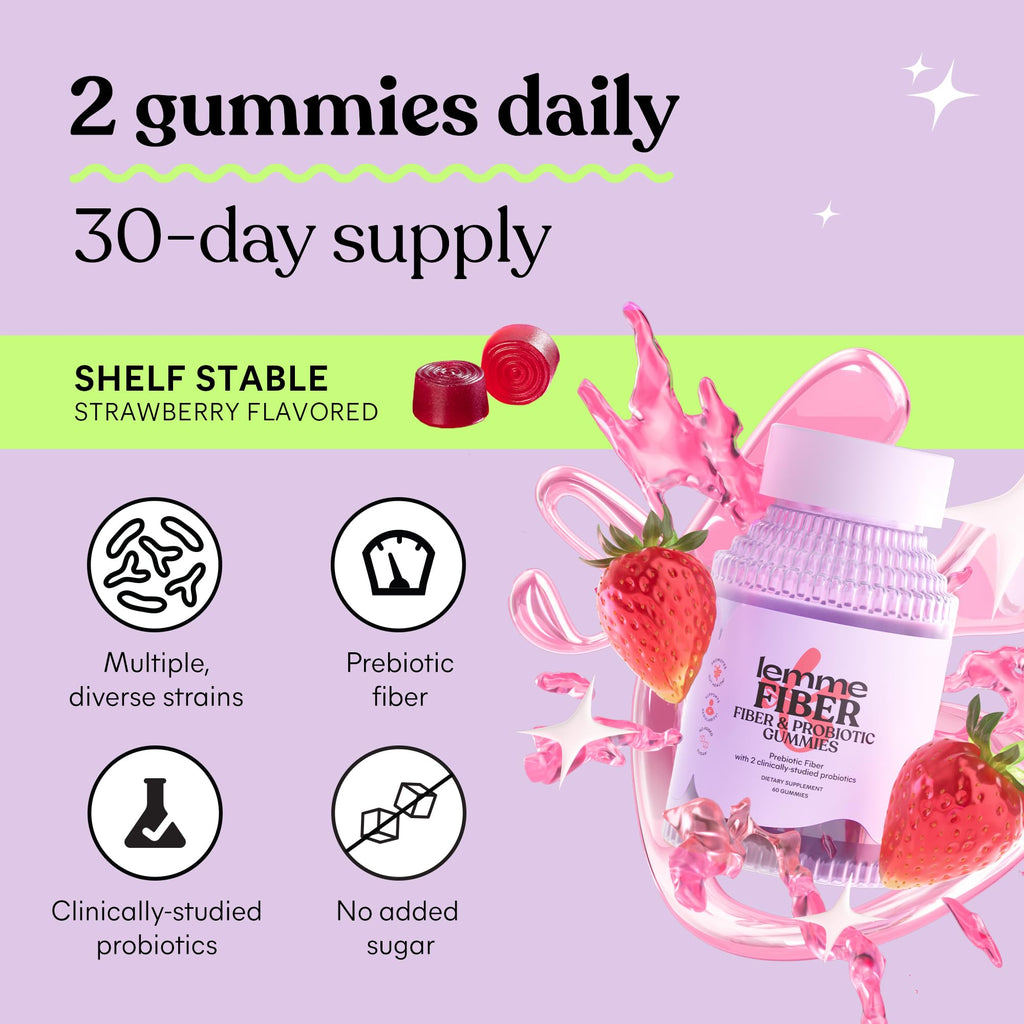 Lemme Fiber & Probiotic Gummies for Adults, Promotes Regularity & Digestive Health, No Sugar Added Strawberry Flavor, 4g Prebiotic Fiber & Clinically