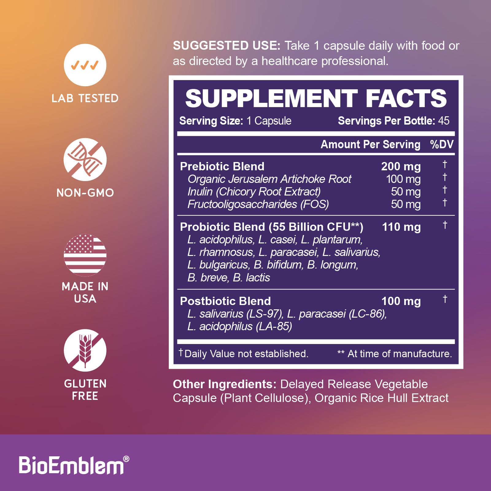 BioEmblem Probiotics for Women & Men – 55 Billion CFU | 11 Strains with Prebiotics & Postbiotics | Jerusalem Artichoke & Inulin | Digestive & Immune Support, Nutrient Absorption | Non-GMO,45 Capsules BioEmblem Au supplements