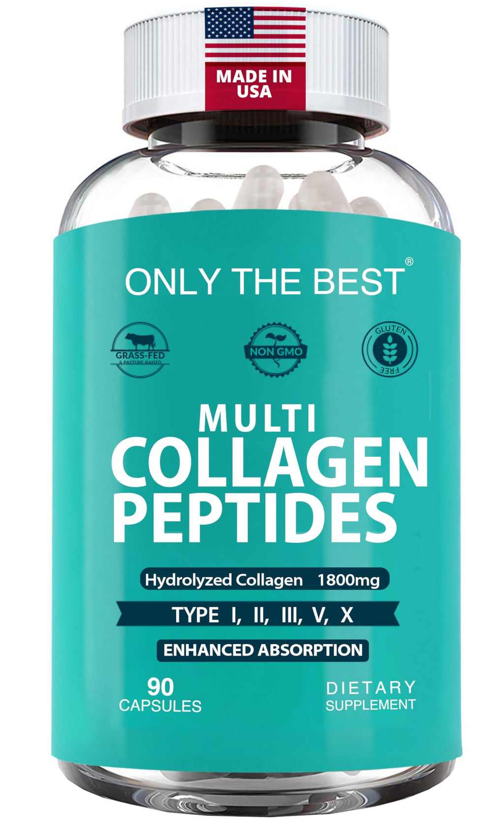 Premium Multi Collagen Peptides Capsules 1800mg - Types I, II, III, V, X To Support Skin, Hair, Nails - Helps Bones, Joints, Muscles, & Digestive Health