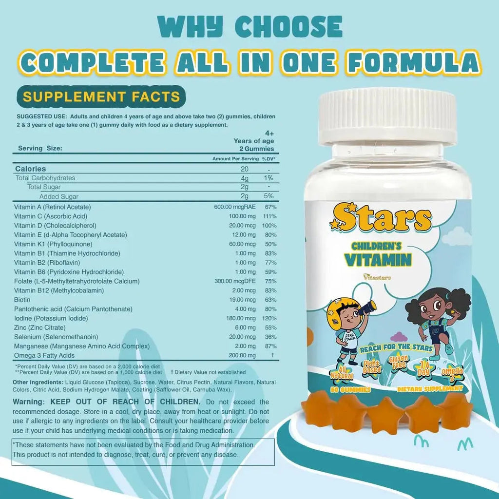 Stars Kids Multivitamin Gummies with Omega 3, Vitamins for Kids with A, B, C, D, Plant Based Multi Vitamins for Children, Manganese Vitastars Au supplements