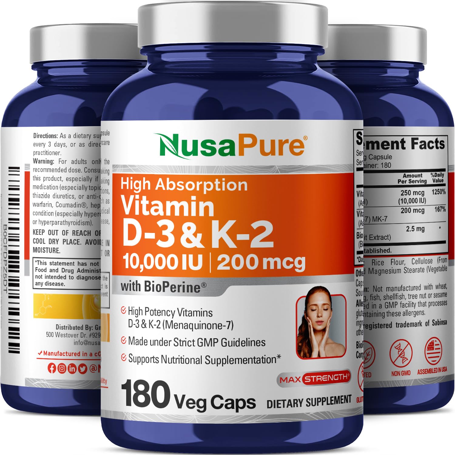 NusaPure Vitamin K2 (MK7) (200mcg) + Vitamin D3 (10000 IU) 180 Veg Caps - Bioperine, Soyfree, Non-GMO NusaPure Au supplements