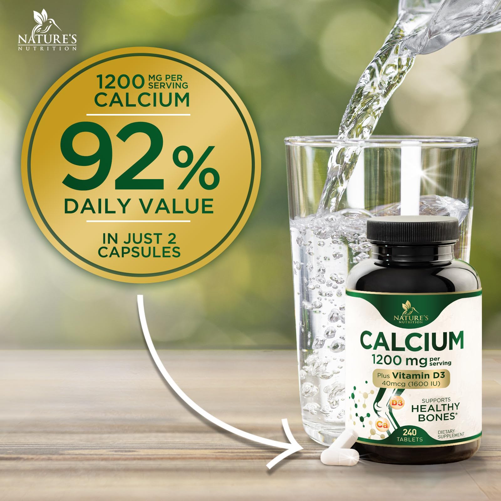 Calcium 1200 mg with Vitamin D3 - Per Serving - Bone Health Supplement - Vitamin D & Calcium Supplements for Women & Men - Bone Strength Support