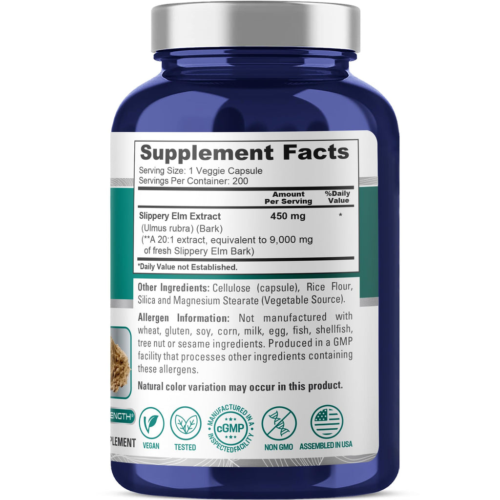NusaPure Slippery Elm Bark 20:1 Extract, 450 mg Equivalent to 9,000mg 200 Veggie Capsules (Non-GMO, Vegan) NusaPure Au supplements