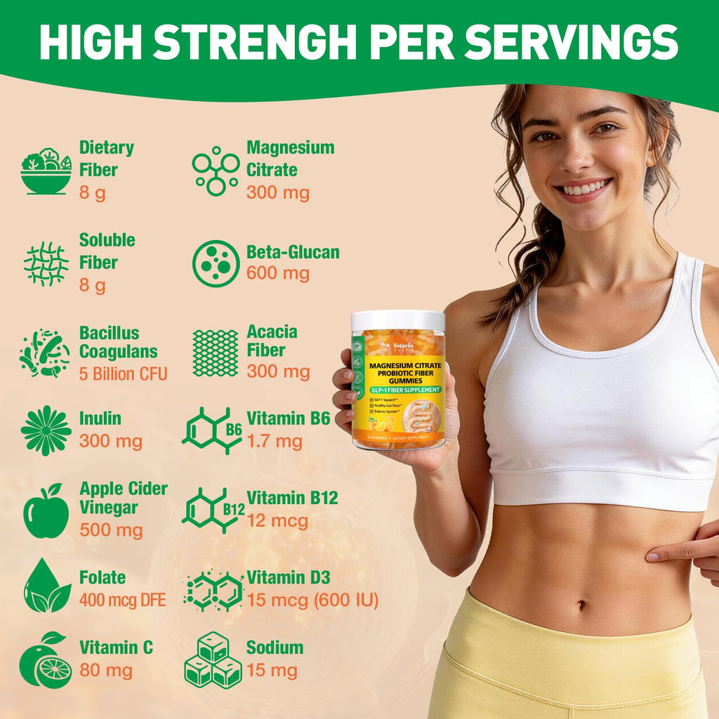 15-in-1 Magnesium Citrate Fiber Gummies with Probiotic Prebiotic for Digestion,  Fiber Supplement with Magnesium Citrate 300mg, Apple Cider Vinegar 500mg, Acacia, B6, B12, 60 Orange Vegan Gummies