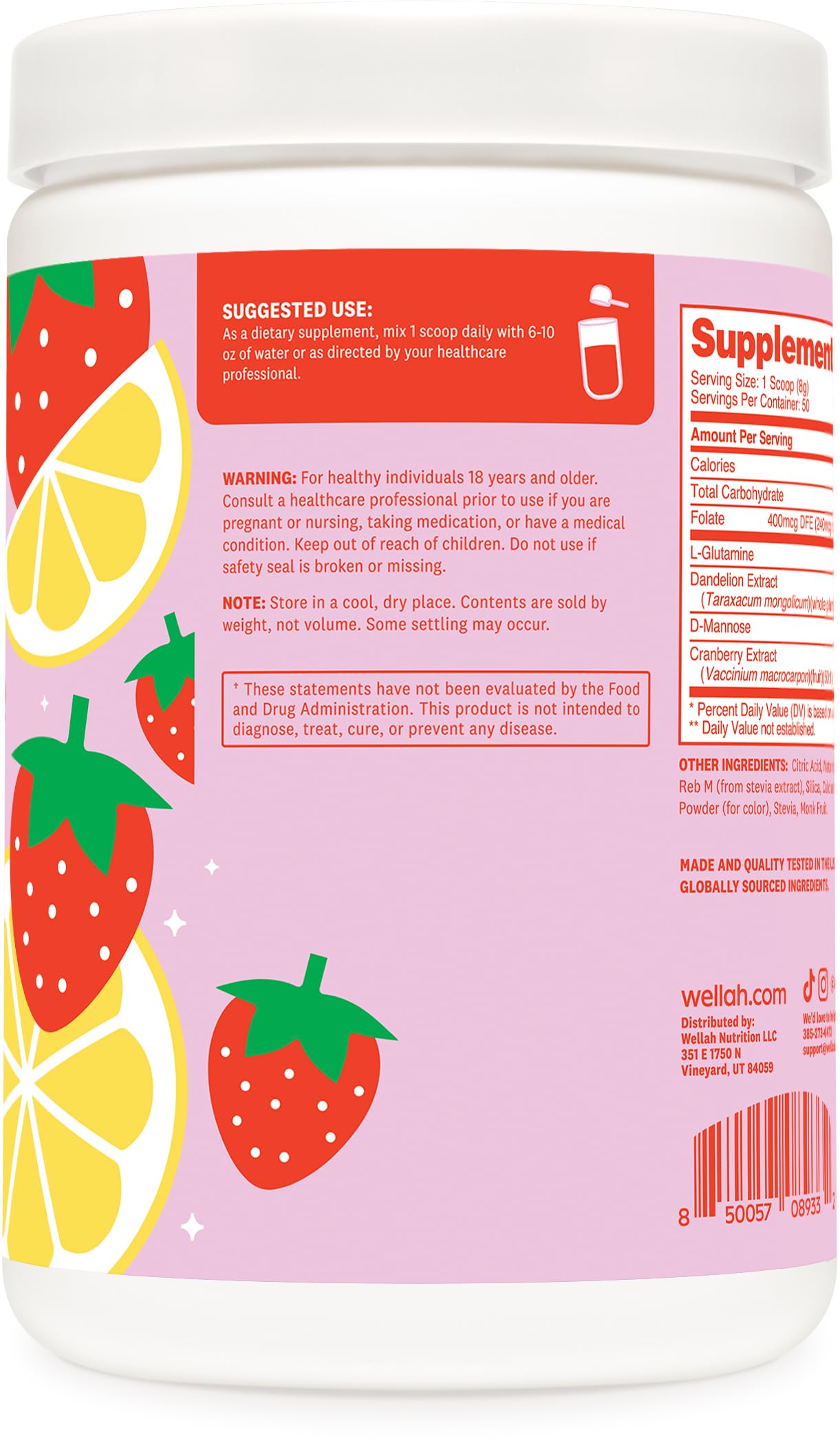 Wellah L-Glutamine Strawberry Lemonade Flavored (50 Servings) - 5g L-Glutamine Per Serving, Sweetened with Stevia