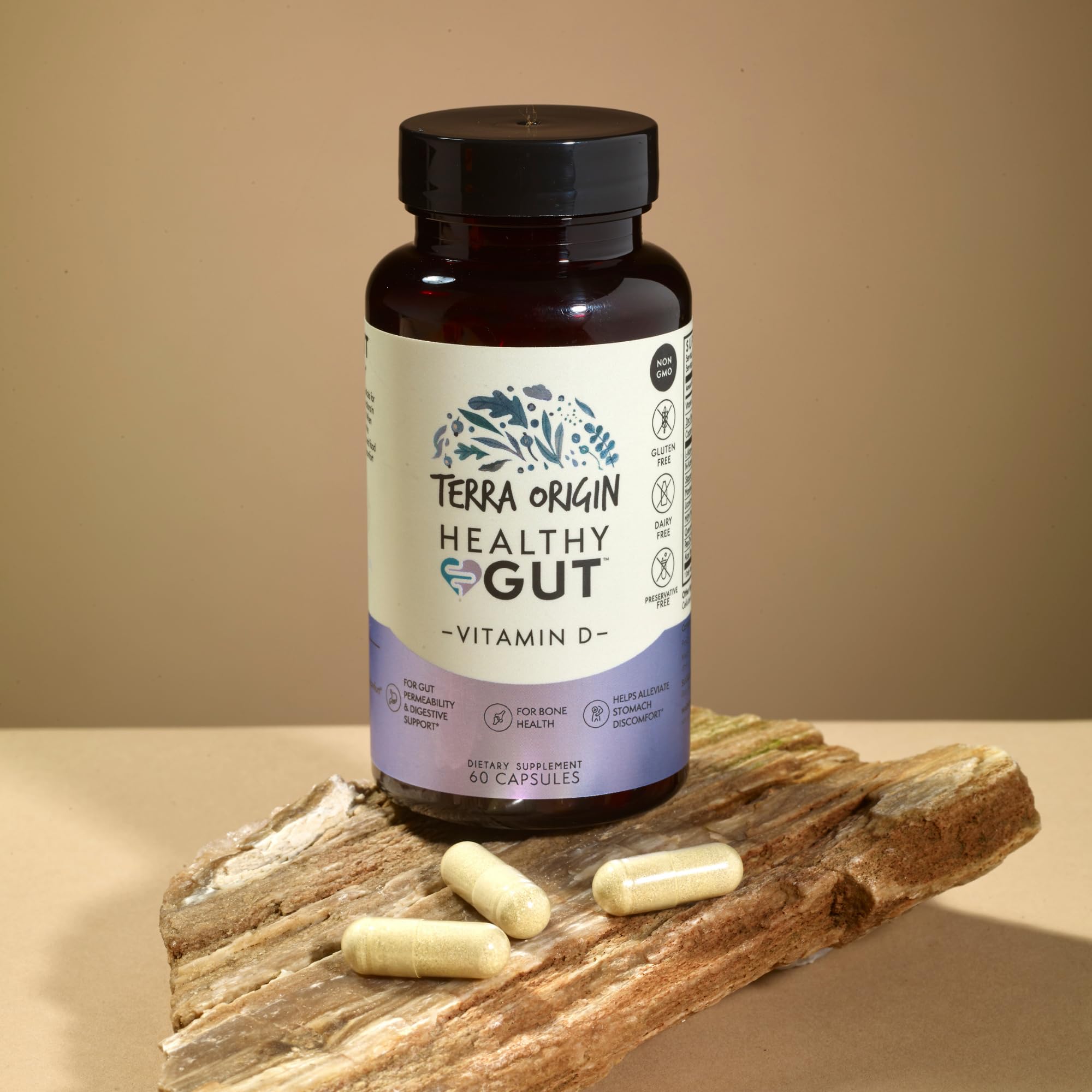 TERRA ORIGIN Healthy Gut with Vitamin D 5000 IU | 60 Capsules | Gut Health Supplements for Men and Women | Supports Digestion and Gas